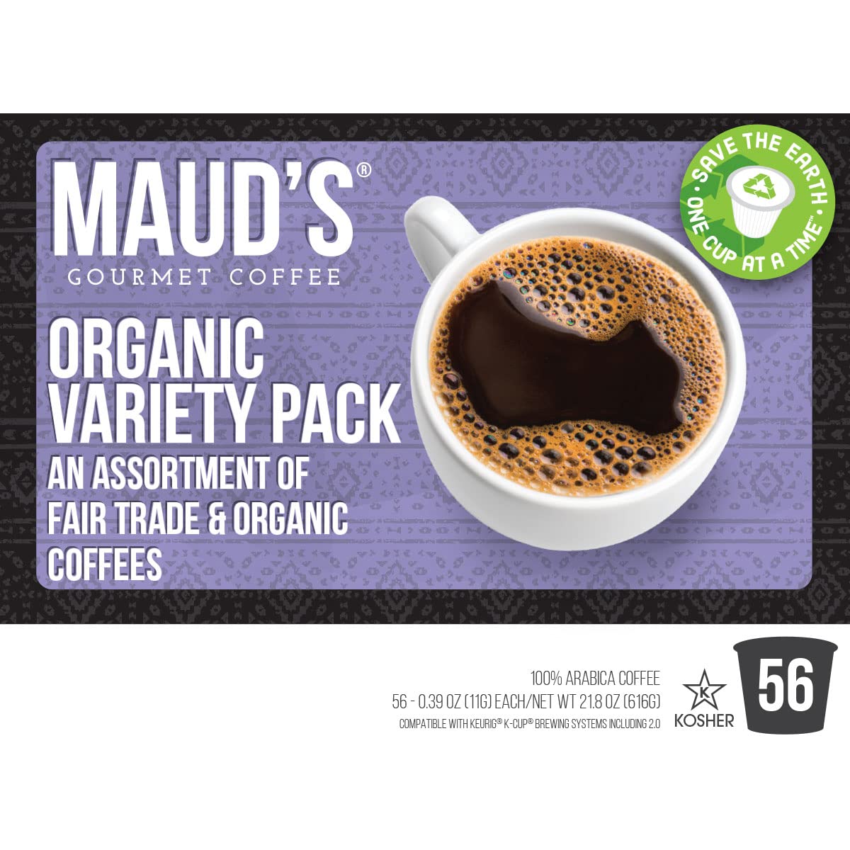 Maud s Organic Coffee Pods Variety Pack, 56 ct, 8 Assorted Flavors, Recyclable Single Serve Pods - 100% Arabica Coffee, Compati