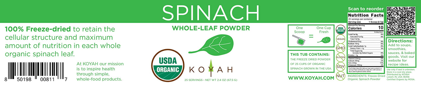 KOYAH - Organic USA Grown Spinach Powder (Equivalent to 30 Cups Fresh): Freeze-Dried, Whole-Leaf Powder