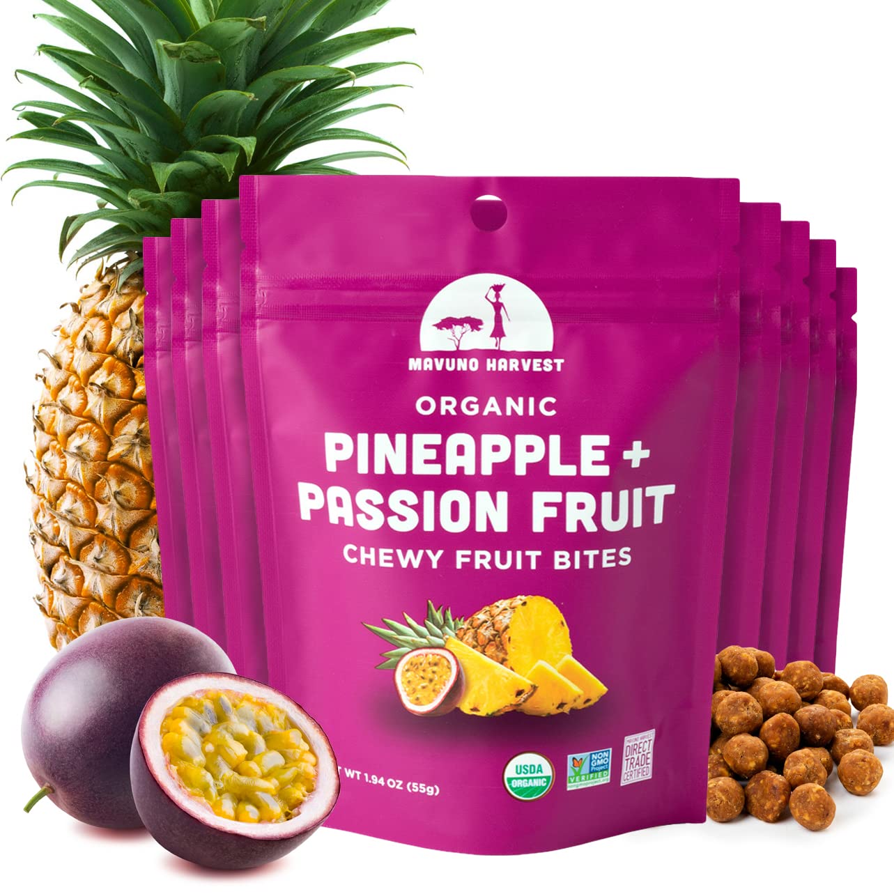 Mavuno Harvest Organic Fruit Snacks - Chewy Fruit Bites - Healthy Food For Kids & Adults - Ethically Sourced, Non-Gmo, No Preservatives - Pineapple & Passionfruit - 1.94-Oz. Snack Packs, Pack Of 8