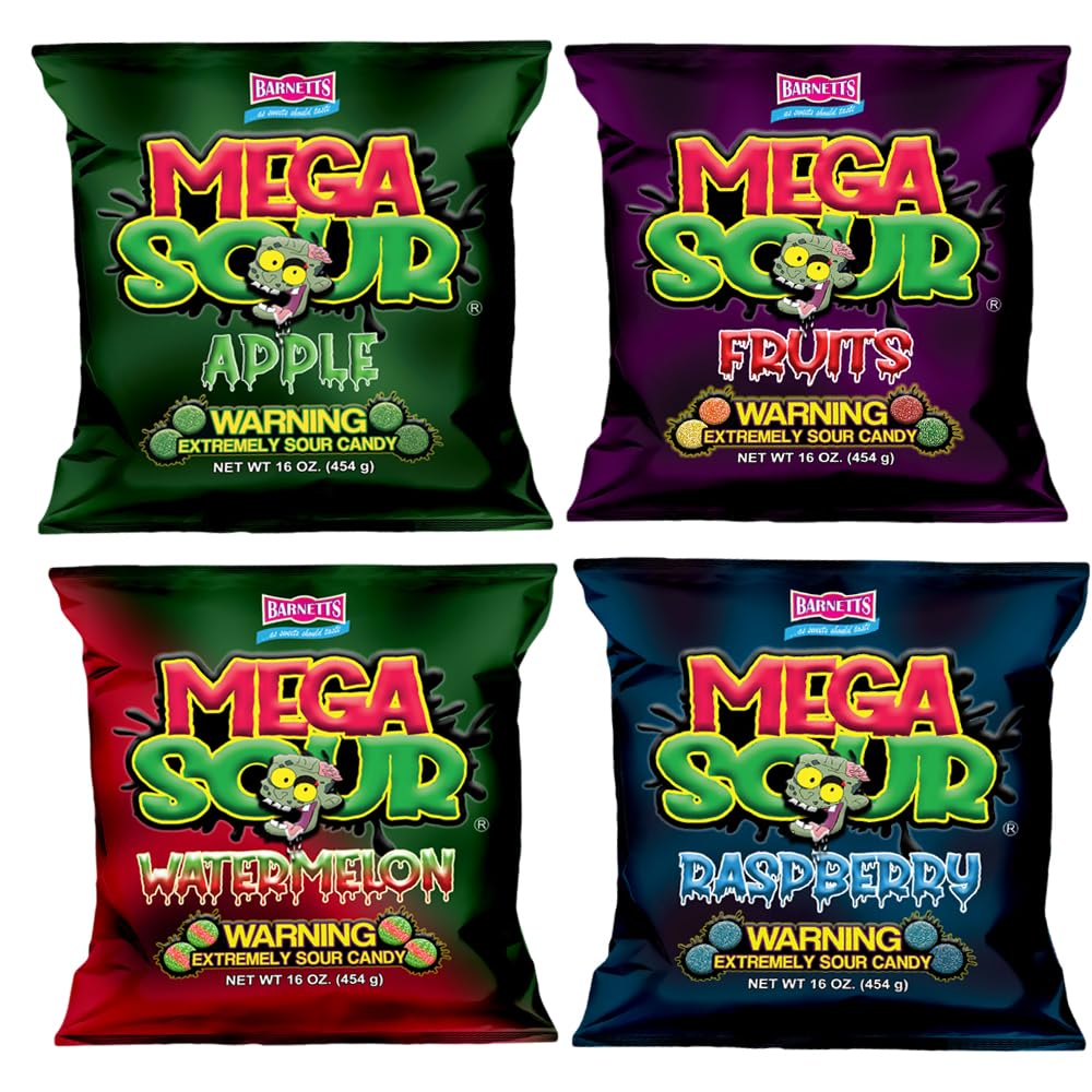 Barnetts Mega Sour Candy 4 Pack - Handmade British Sweets - Raspberry, Apple, Watermelon & Fruits - Party or Gift Treat (454g x