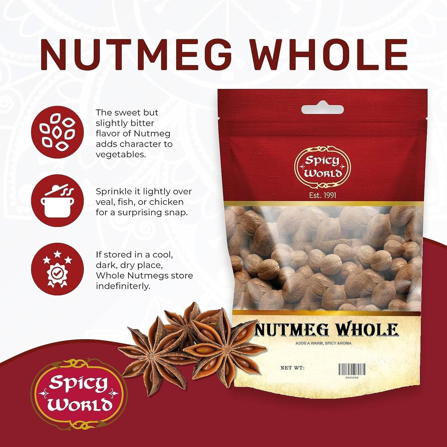 Spicy World Whole Nutmeg 12 Ounce Bag - 60+ Pieces! - Pure  Non-GMO  All Natural  Vegan