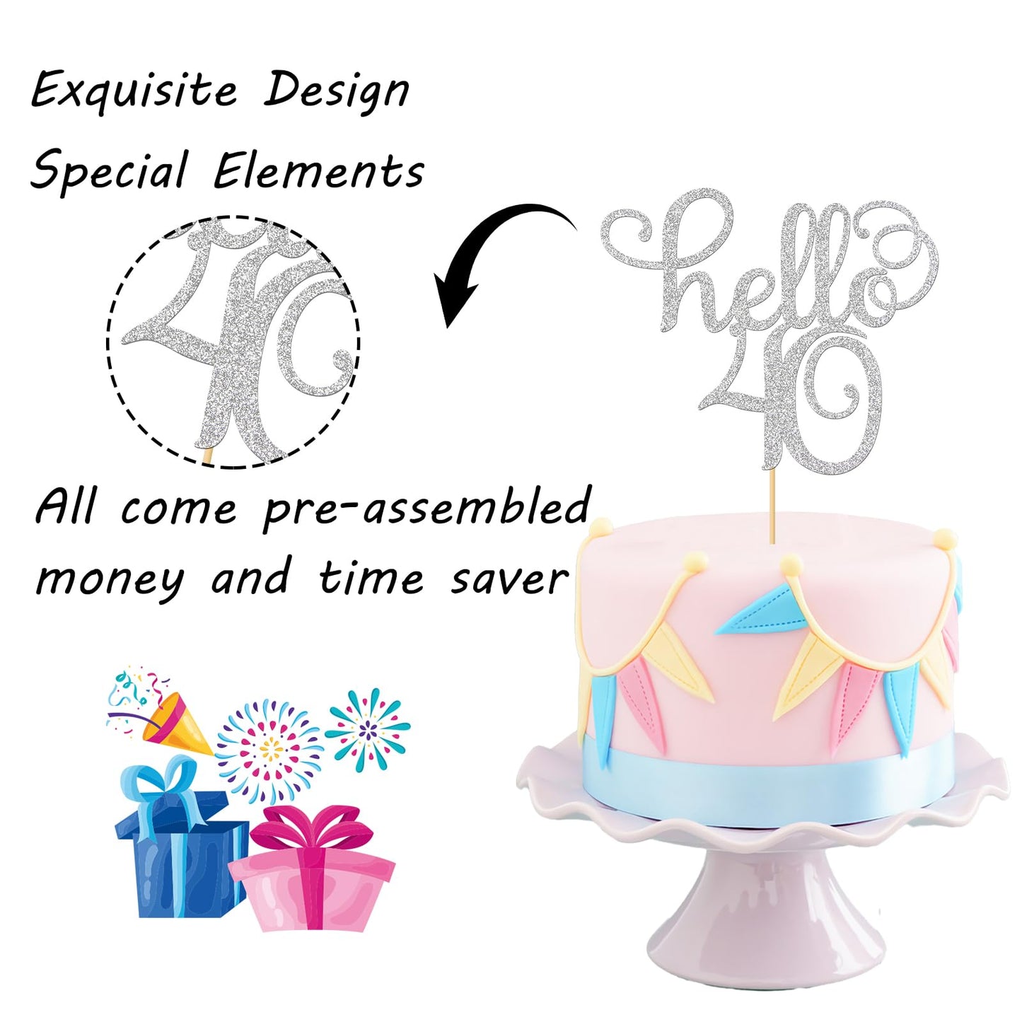 Sliver Glitter Hello 40 Cake Topper - Cheers To 40Th Years - 40 And Fabulous Cake Topper - 40Th Birthday/Wedding Anniversary Par