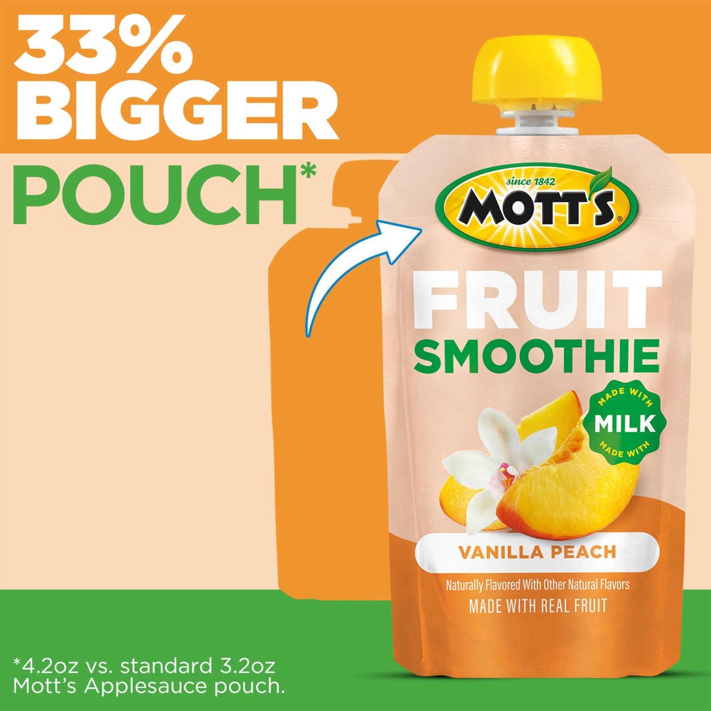 Motts Fruit Smoothies Vanilla Peach, 4.2 oz clear pouches, 8 Pack, Made With Milk, Made With Real Fruit, Good Source of Calcium,