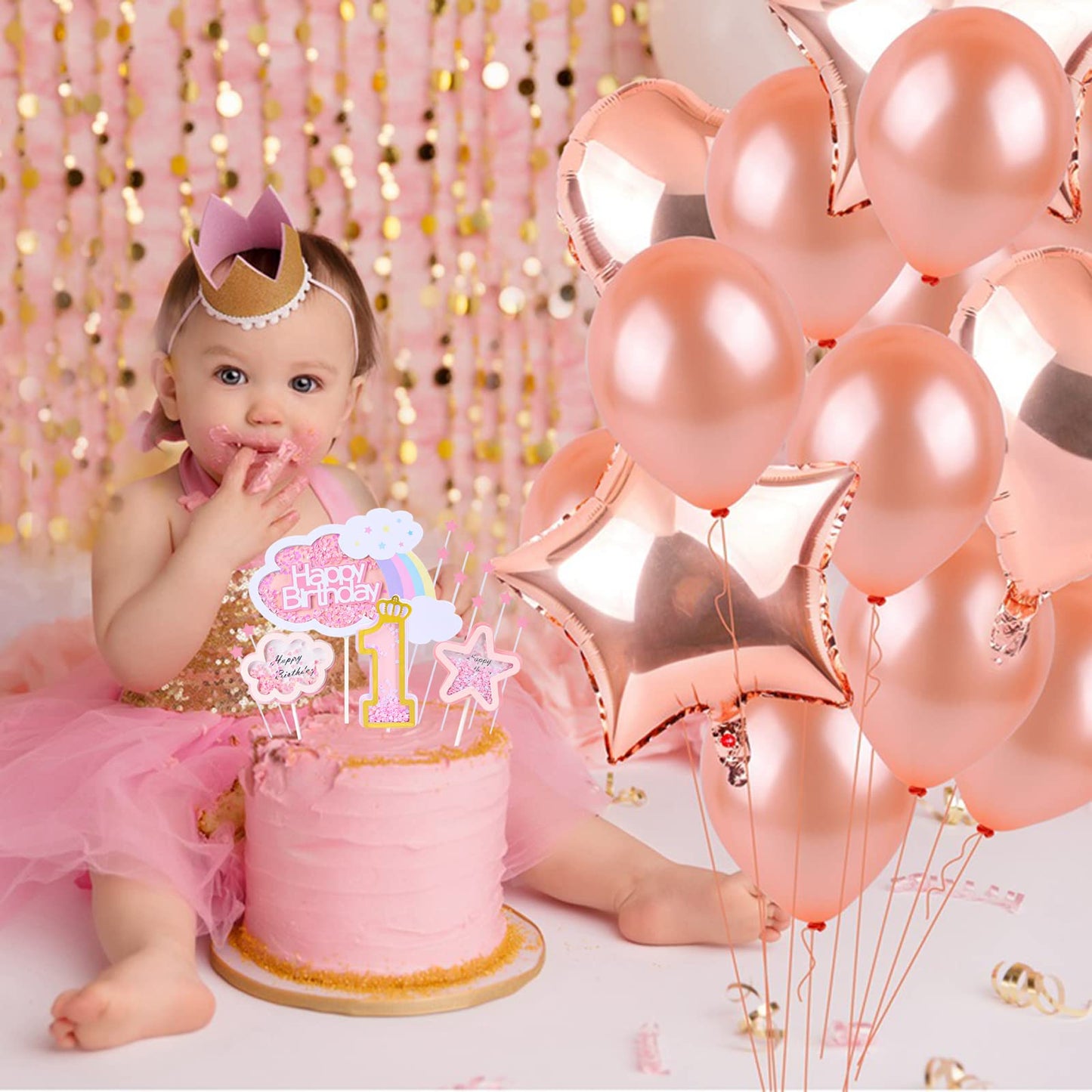 Kawailay Baby Girl 1St Birthday Cake Decoration Set First Birthday Cake Topper With Rainbow Clouds Stars Cake Picks One Year Old