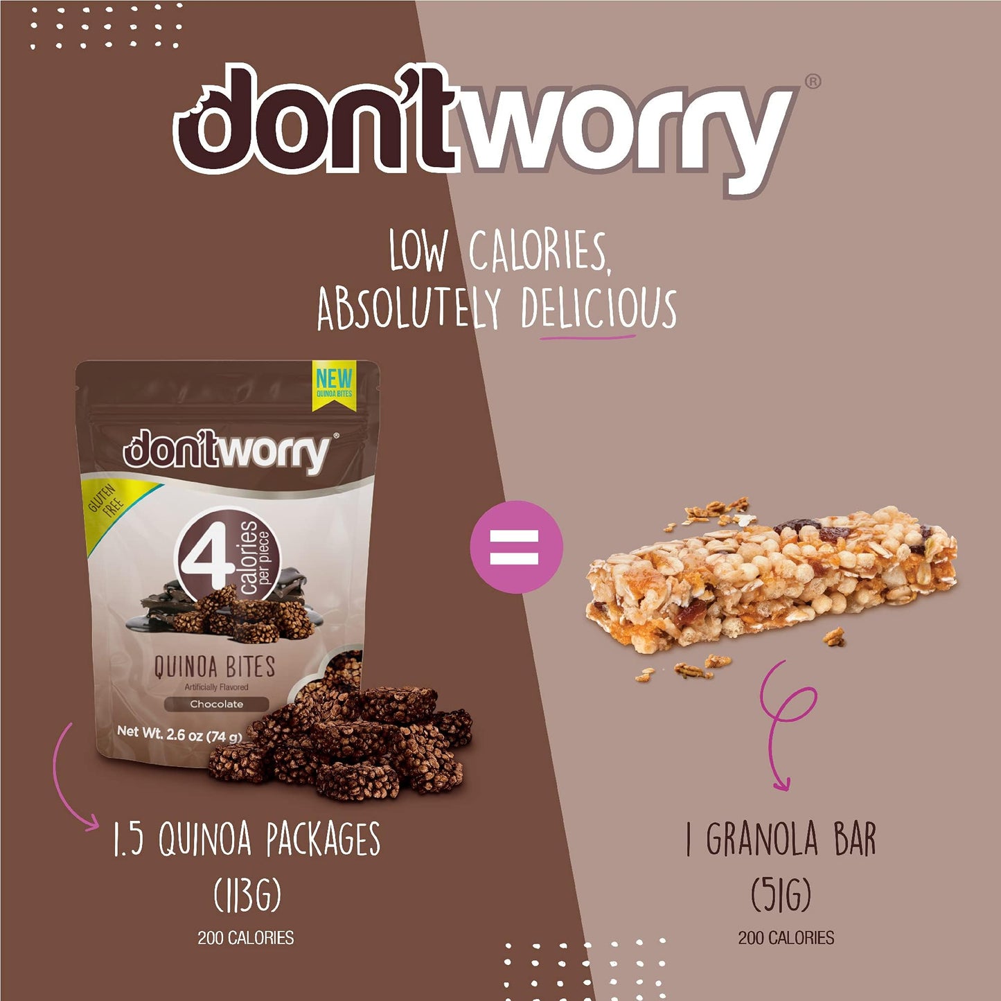 Don t Worry Chocolate Quinoa Bites - Low Calorie Snacks, Only 4 Calories per Piece, Healthy Granola Mini Bars, Low Carb Quinoa