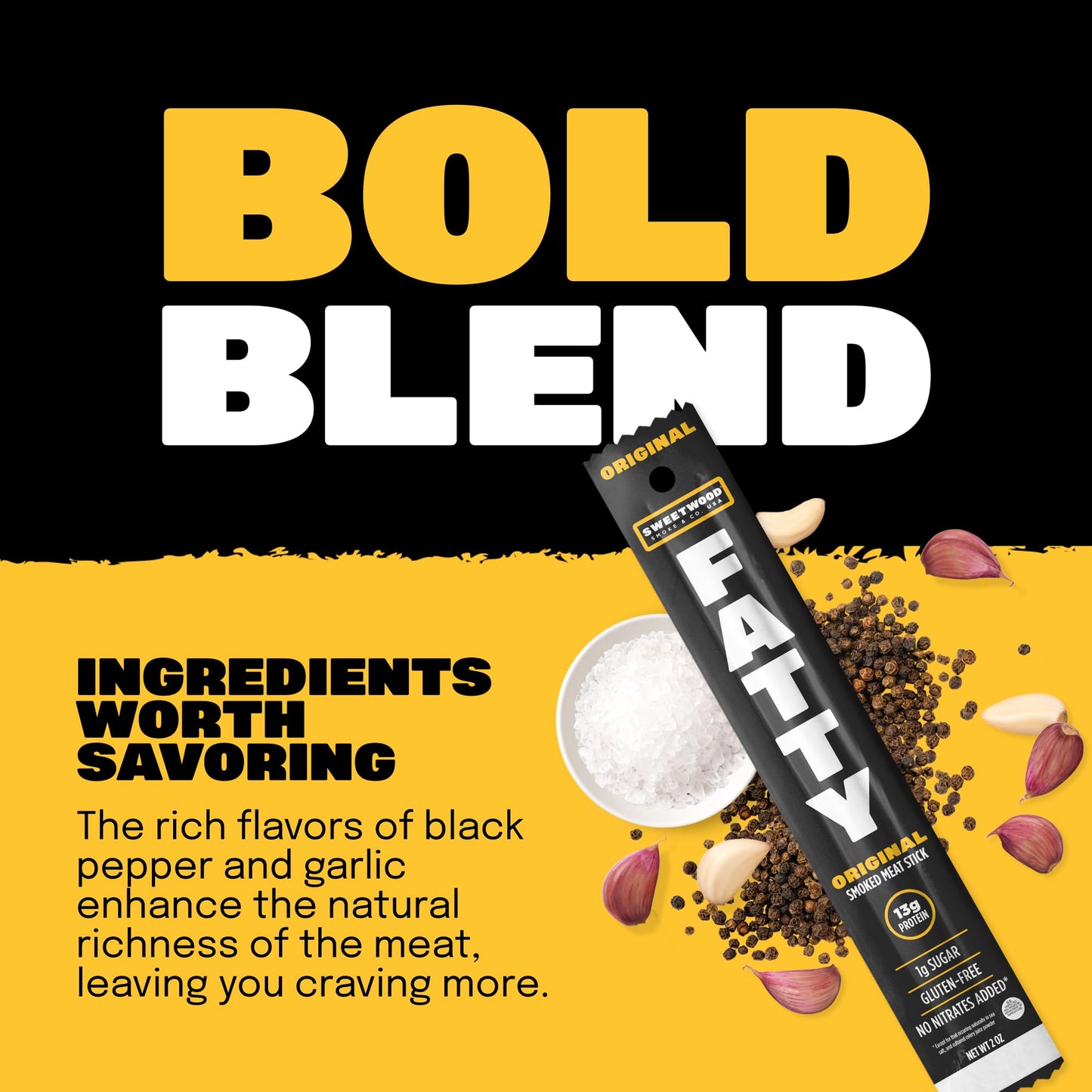 FATTY Meat Sticks, Grass Fed Beef &   -Free Pork, 13g Protein, 2 oz. (Pack of 20), Barbeque Flavor