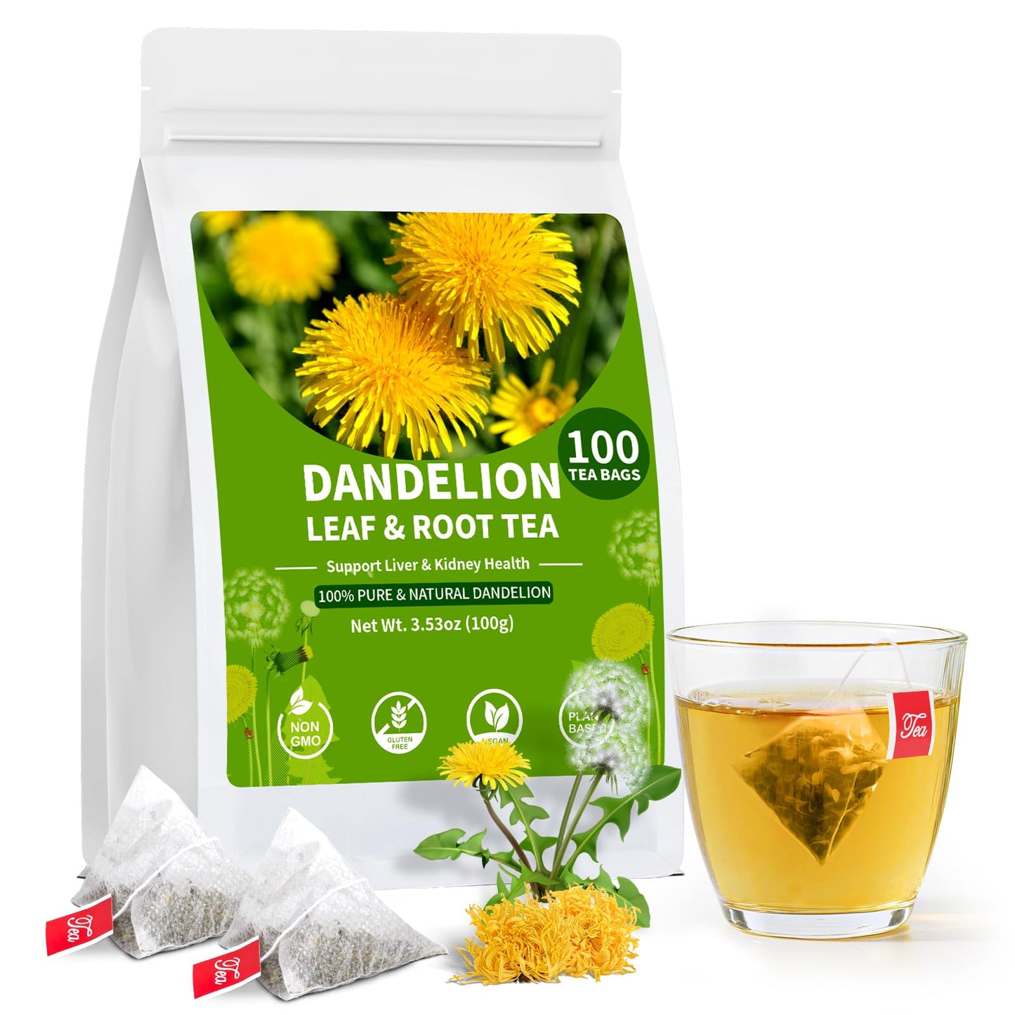 Dandelion Leaf And Root Tea Bags  Natural Chinese Detox Herbal Tea Support Liver & Kidney Health And Aid Digestion Energy Blend Free (1 Pack/100 Bags)