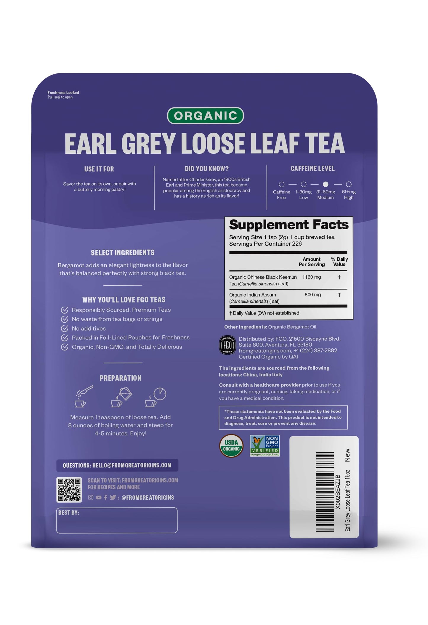 Fgo Organic Earl Grey Loose Leaf Tea, Resealable Kraft Bag, 16Oz, Packaging May Vary (Pack Of 1)