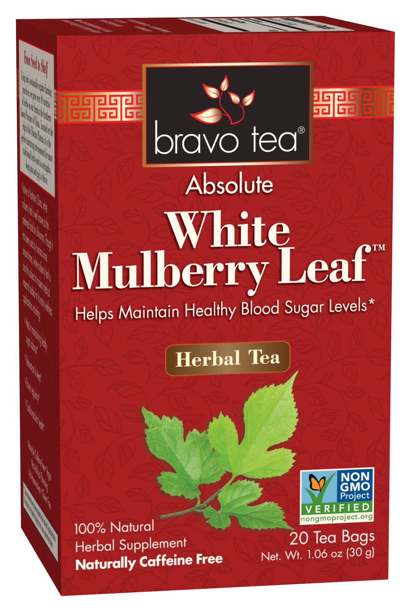 Bravo Tea Herbal Tea - Absolute White Mulberry Leaf, Caffeine Free, 20 Tea Bags, Dark Red