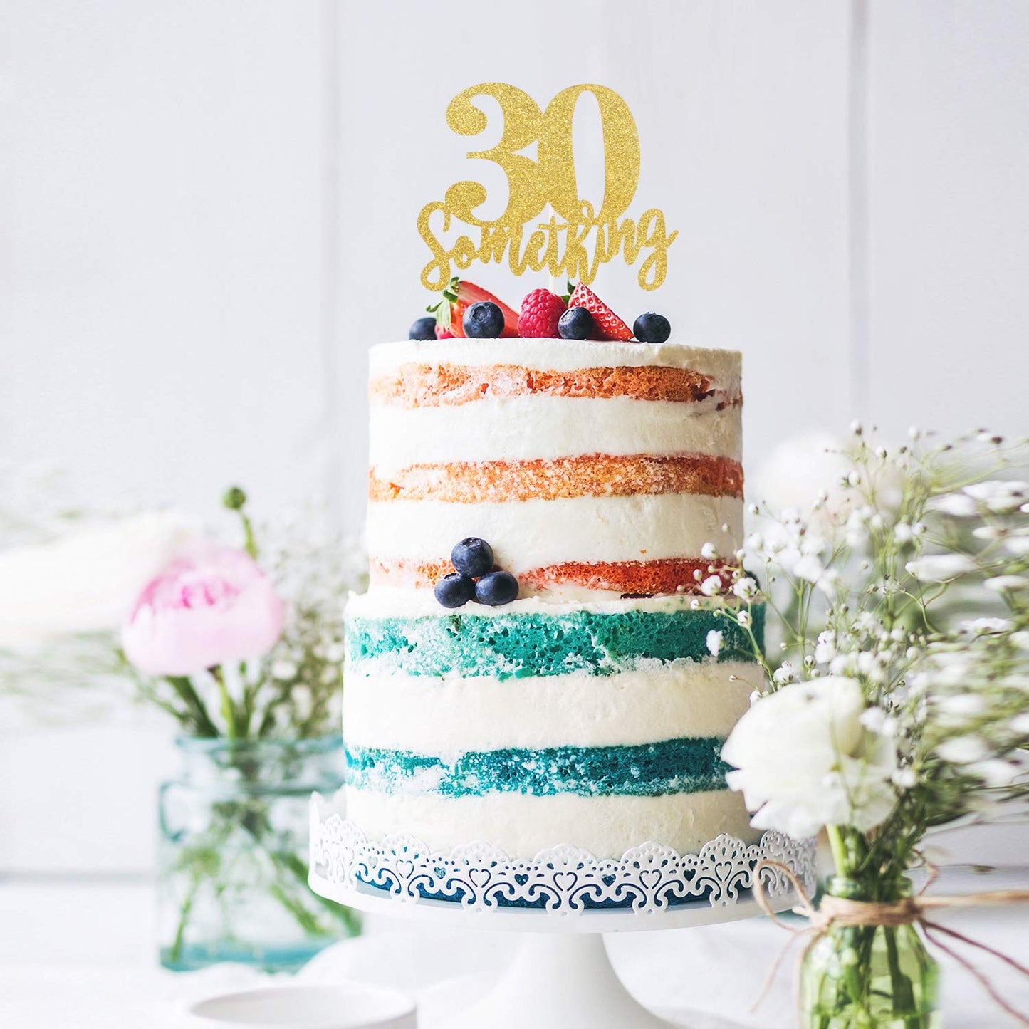 30 Someting Cake Topper, Happy 30th Birthday Sign,Dirty 30 Cake Topper,Hello 30 Party Decorations (Double Sided Gold Glitter)