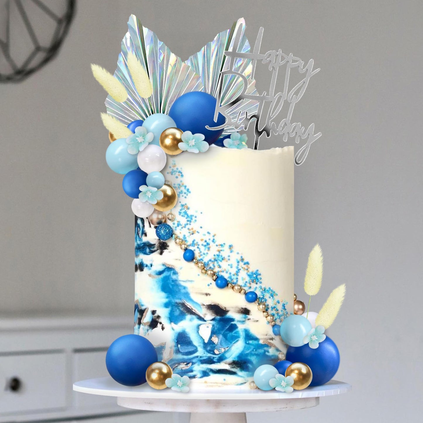Flower Boho Cake Topper Ball Cake Decorations Navy Blue Balls Happy Birthday Boho Grass Cake Toppers For Wedding Baby Shower Bir