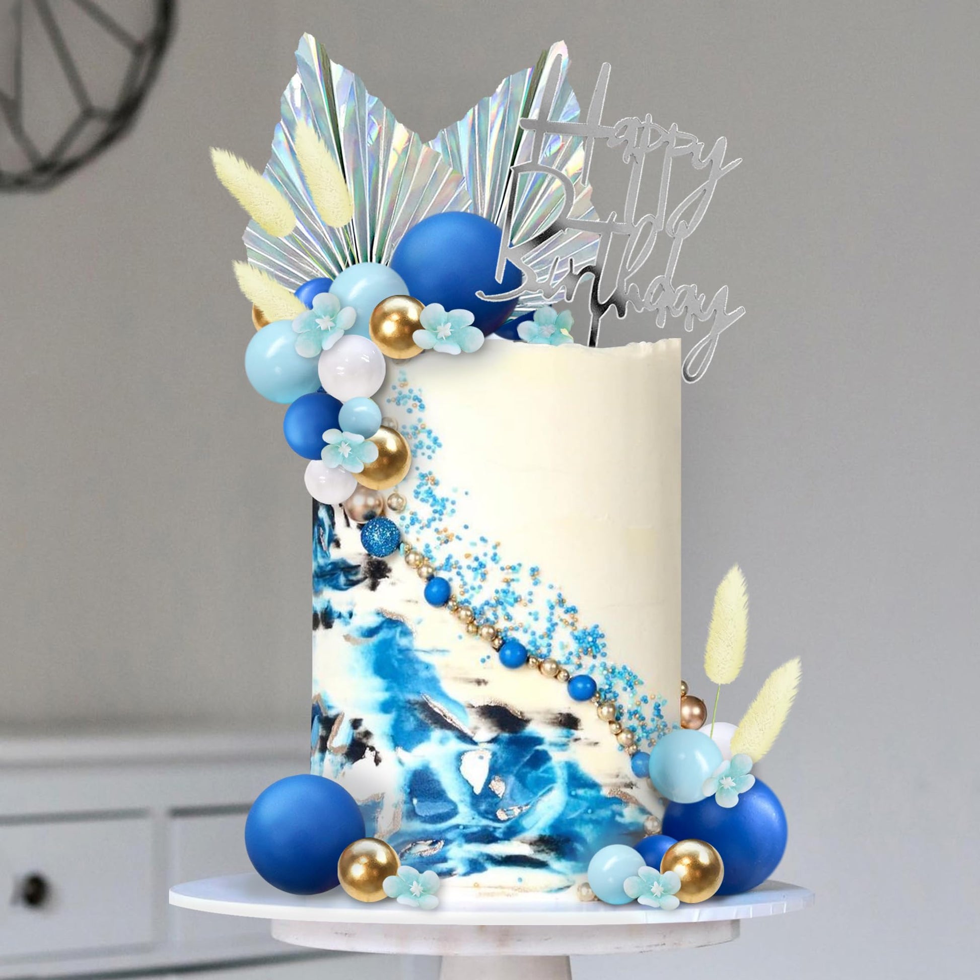 Flower Boho Cake Topper Ball Cake Decorations Navy Blue Balls Happy Birthday Boho Grass Cake Toppers For Wedding Baby Shower Bir