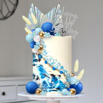 Flower Boho Cake Topper Ball Cake Decorations Navy Blue Balls Happy Birthday Boho Grass Cake Toppers For Wedding Baby Shower Bir