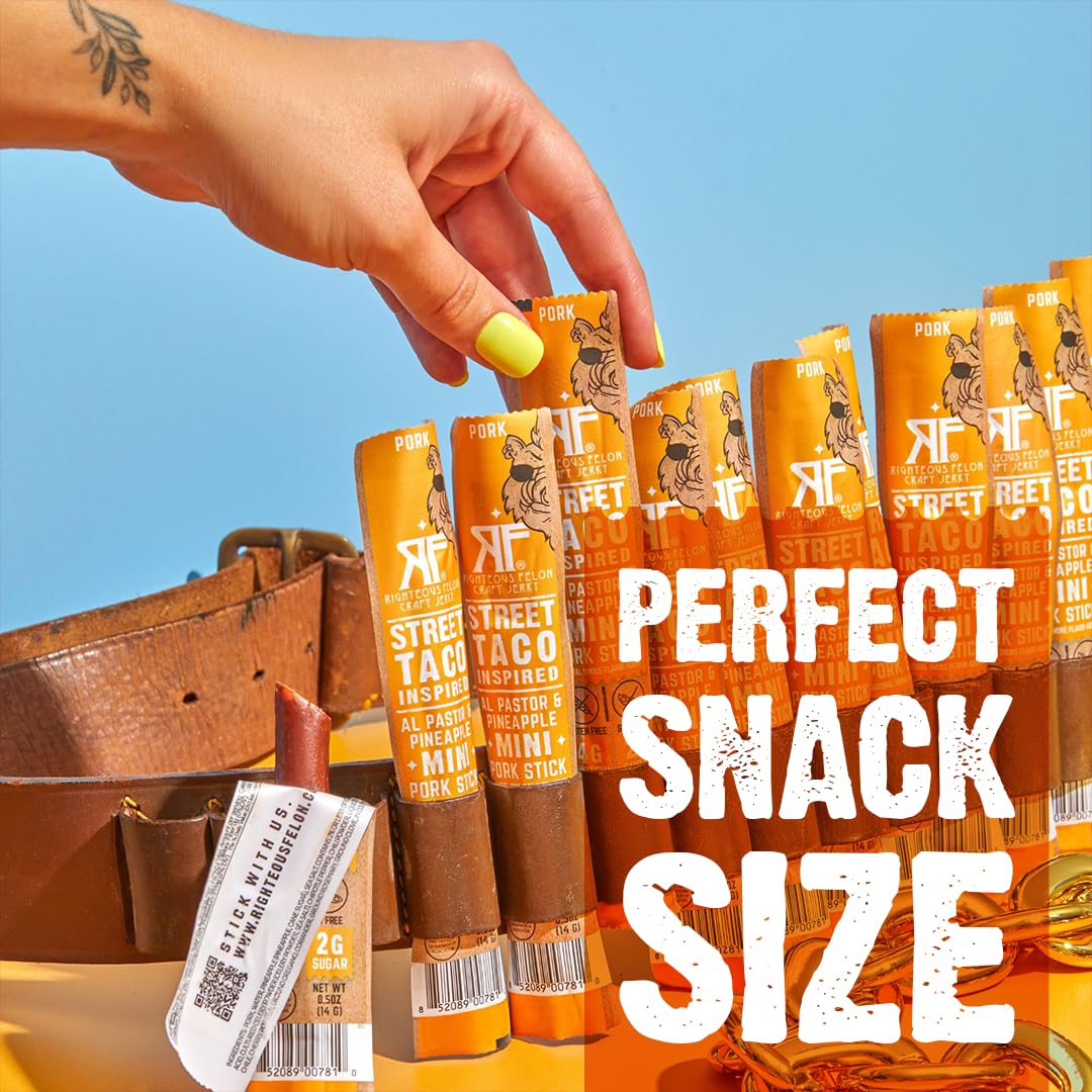 Righteous Felon Meat Sticks Minis | 100% Pork Sticks | Gluten Free Meat Sticks | Low Sugar & High Protein Pork Sticks | Healthy Snacks For Kids & Mature-Themeds | Jerky Gifts For Men | Street Taco, 24 Ct