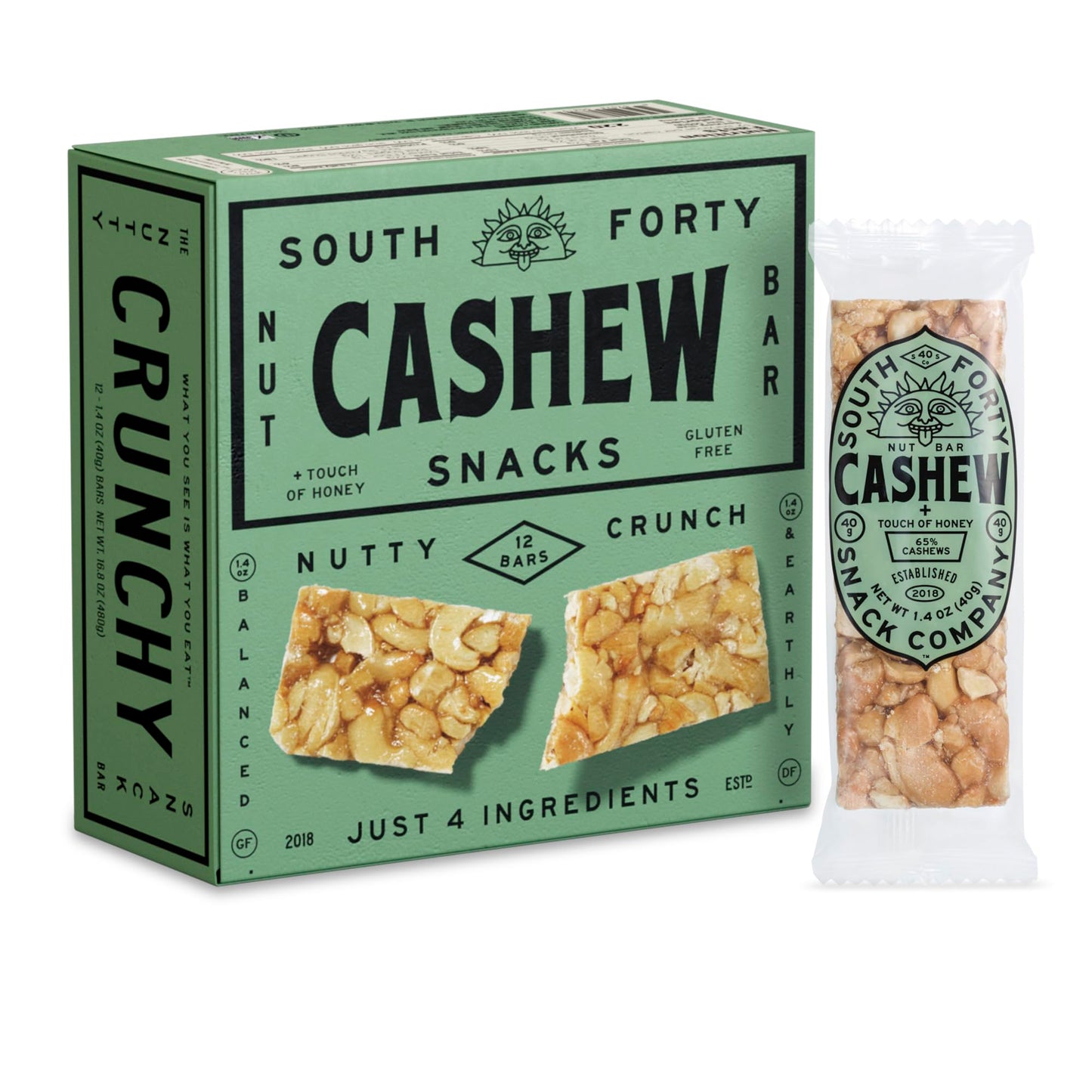 South 40 Snacks Crunchy Cashew Bar  Just 4 Ingredients  Touch of Honey (40g Bar  Pack of 12)