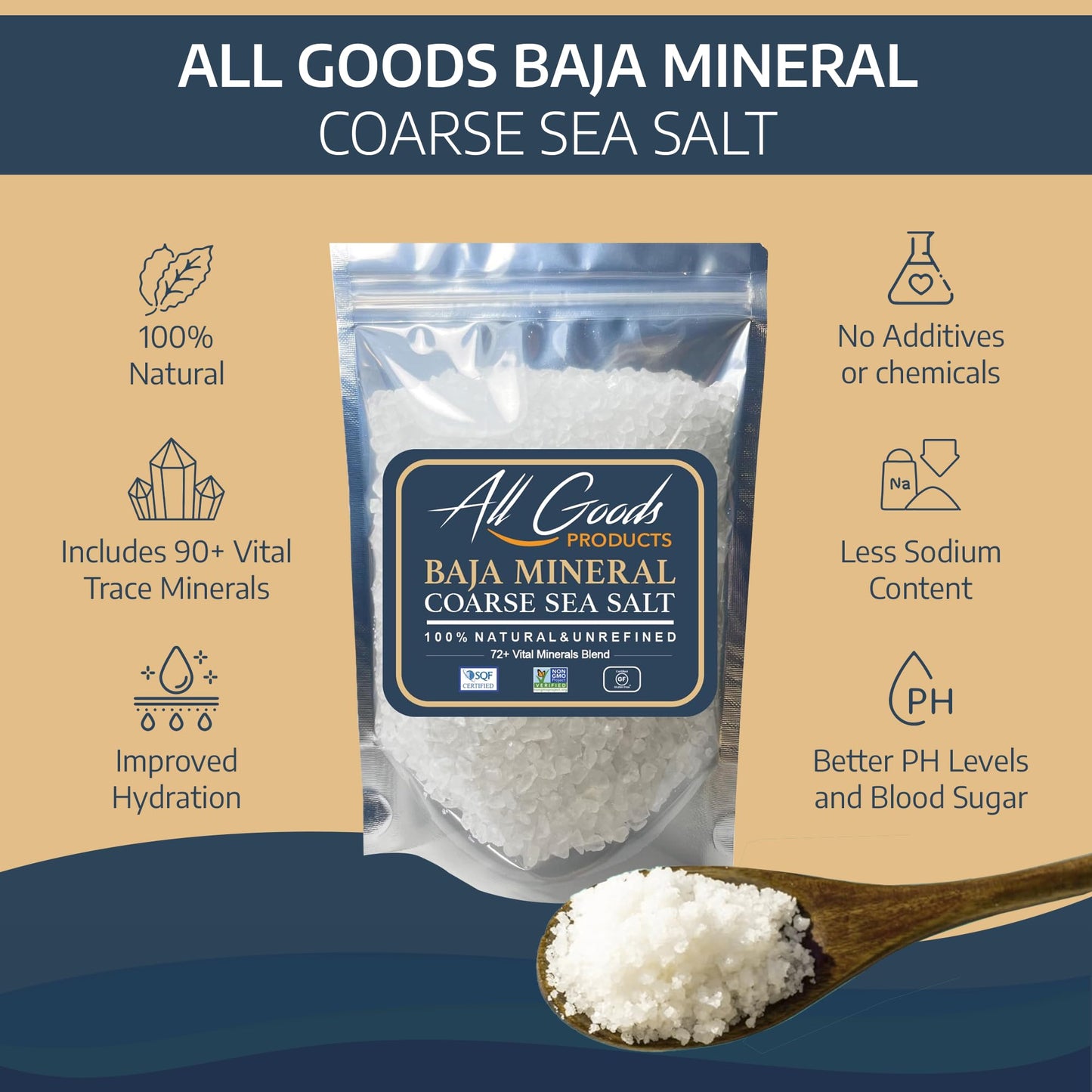 All Goods Products Baja Mineral Coarse Grain Sea Salt, 16 oz, Unrefined, Hand-Harvested, Kosher, 30% Low Sodium, Natural Salt from Mexico