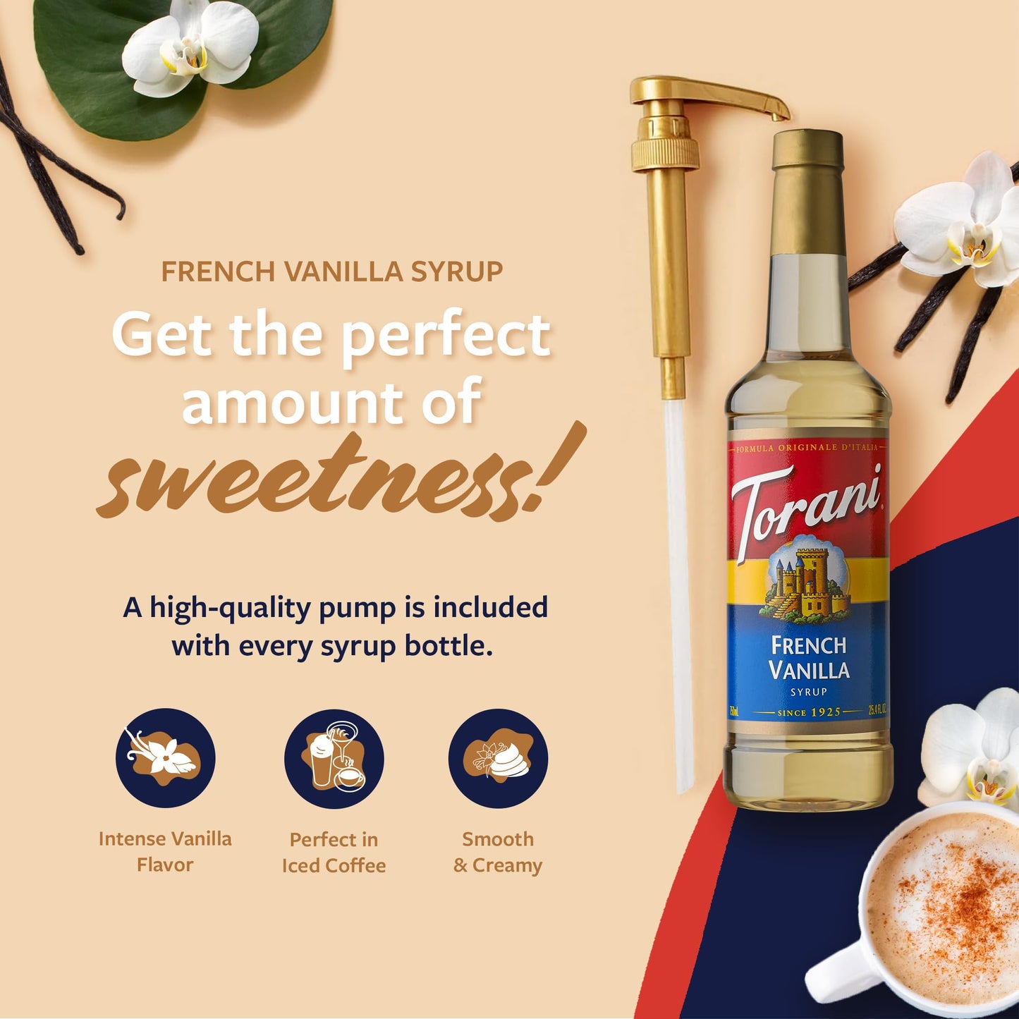 Torani Coffee Syrup, French Vanilla Flavored Syrup For Drinks, Pump Included, 25.4 Fl Oz