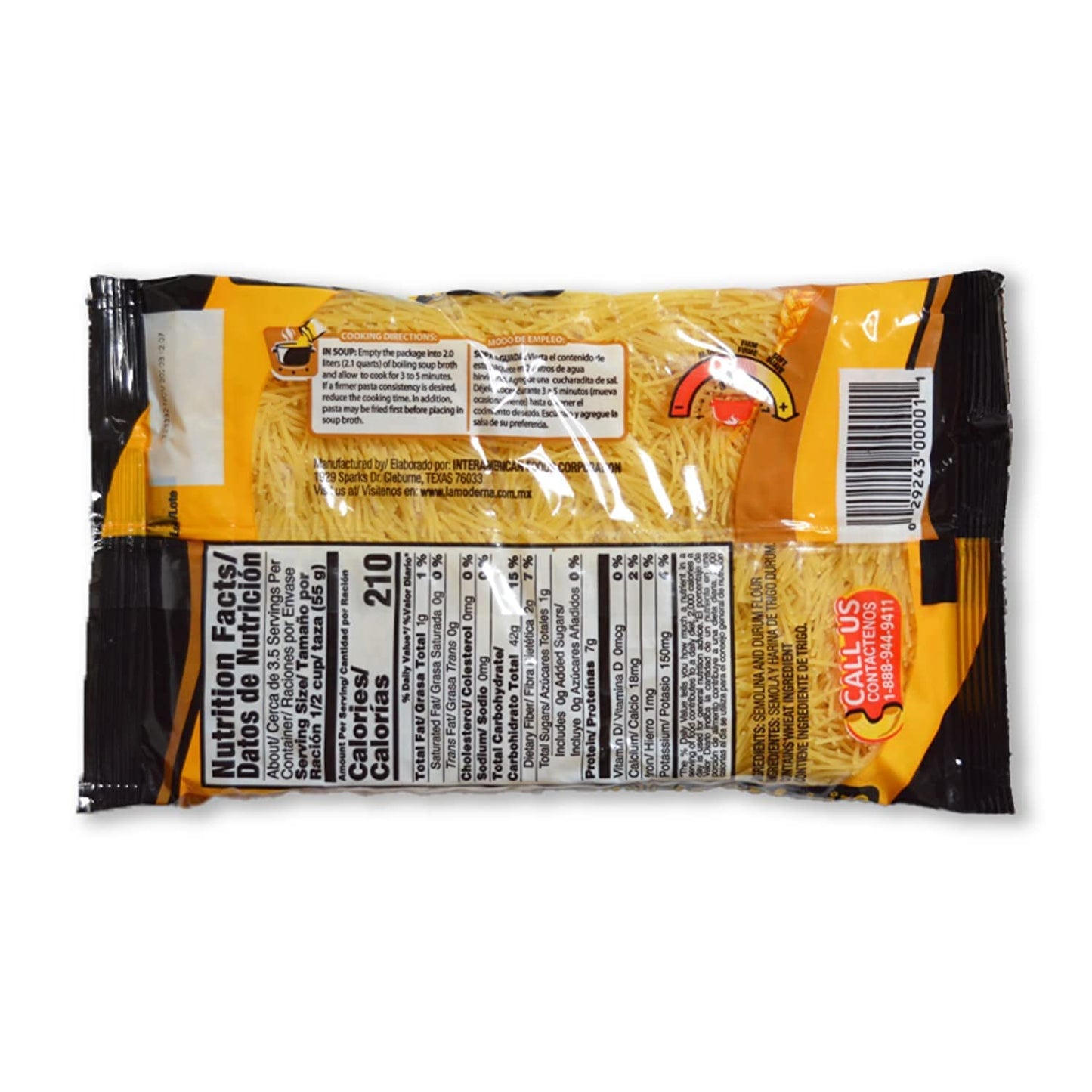 La Moderna, Vermicelli, Pasta, Hecha Con Sémola De Trigo Durum, Enriquecida Con Vitaminas Y Hierro, 7 Oz