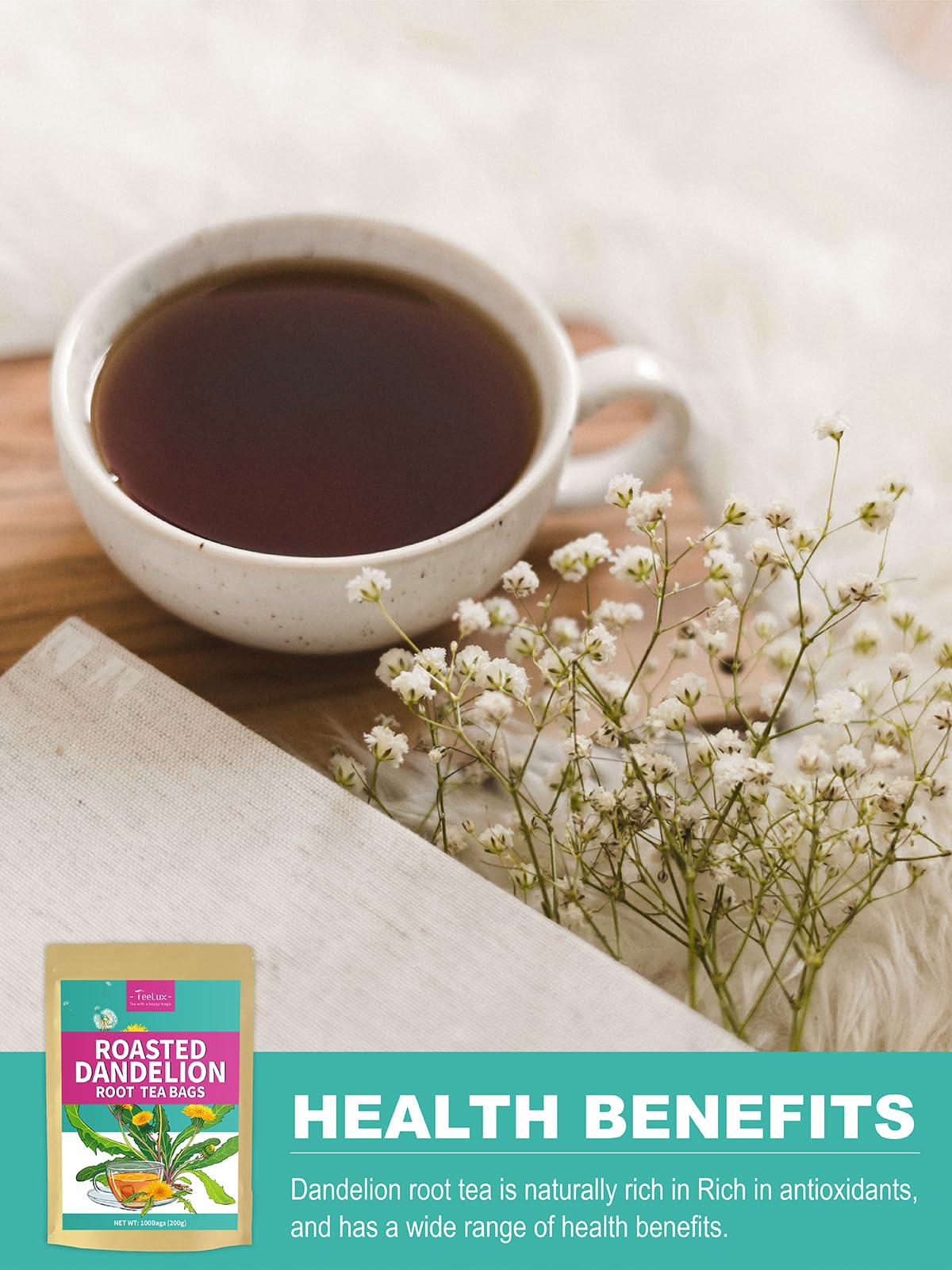 TeeLux Roasted Dandelion Root Herbal Tea Bags, Caffeine Free, 100 Count