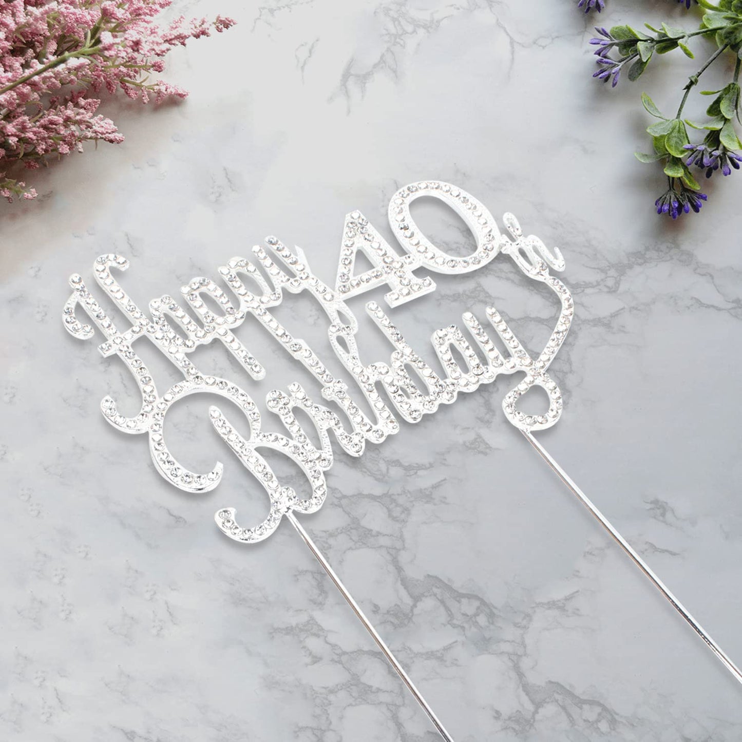 LINGTEER Rhinestone Cake Topper for 40th Birthday, Sparkly Silver Decoration, Cheers to Forty Years
