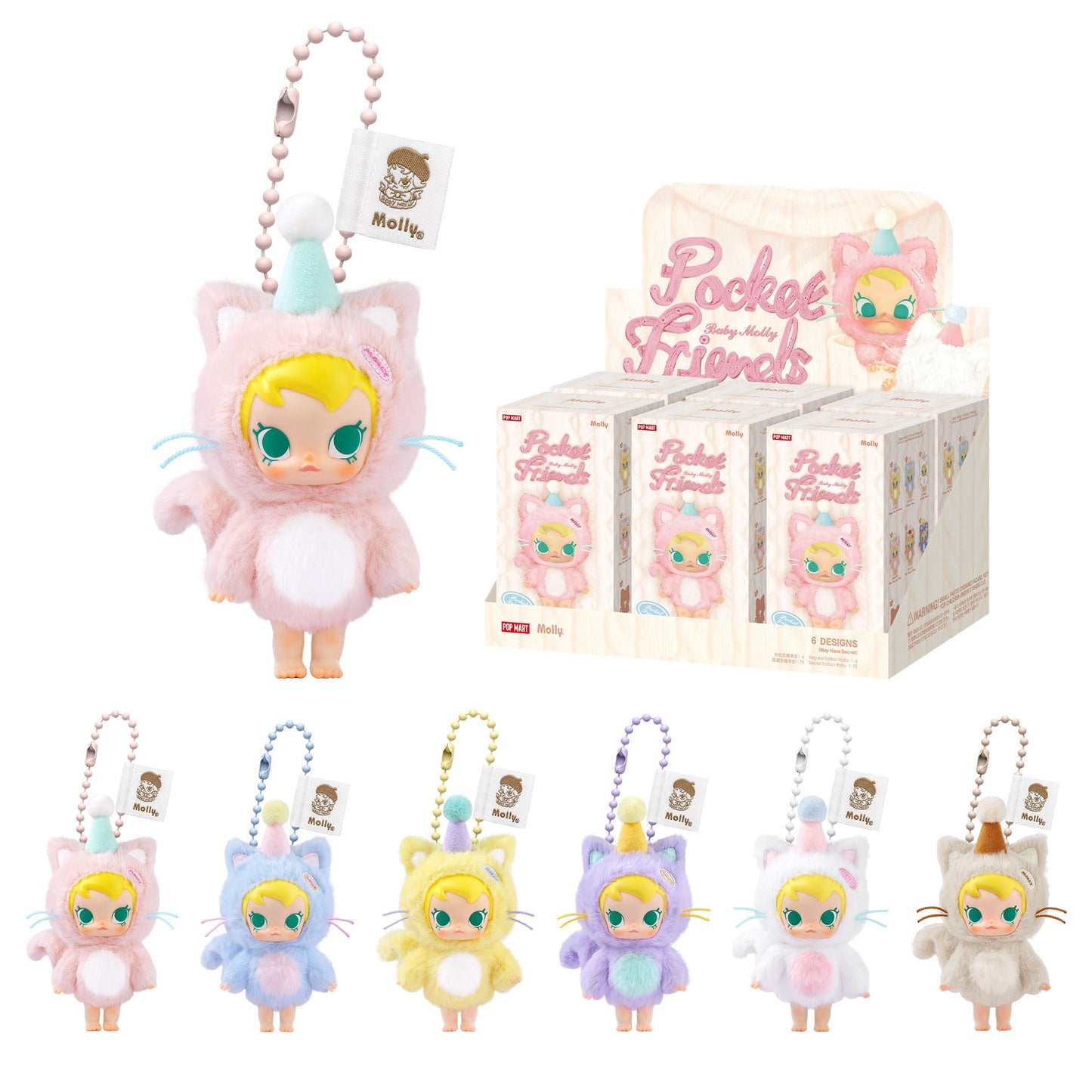 POP MART Baby Molly Pocket Friends Vinyl Plush Pendant Blind Box Set, 6PCS Collectible Toys, Polyvinyl Chloride, Random Design