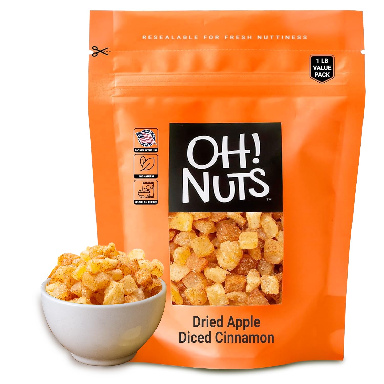 Oh! Nuts Dried Cinnamon Apple - 1 Lb - Sweetened Dried Fruit Diced - Dehydrated Fruit Bites - Packed In New York Zip-Seal Bag For Exceptional Freshness