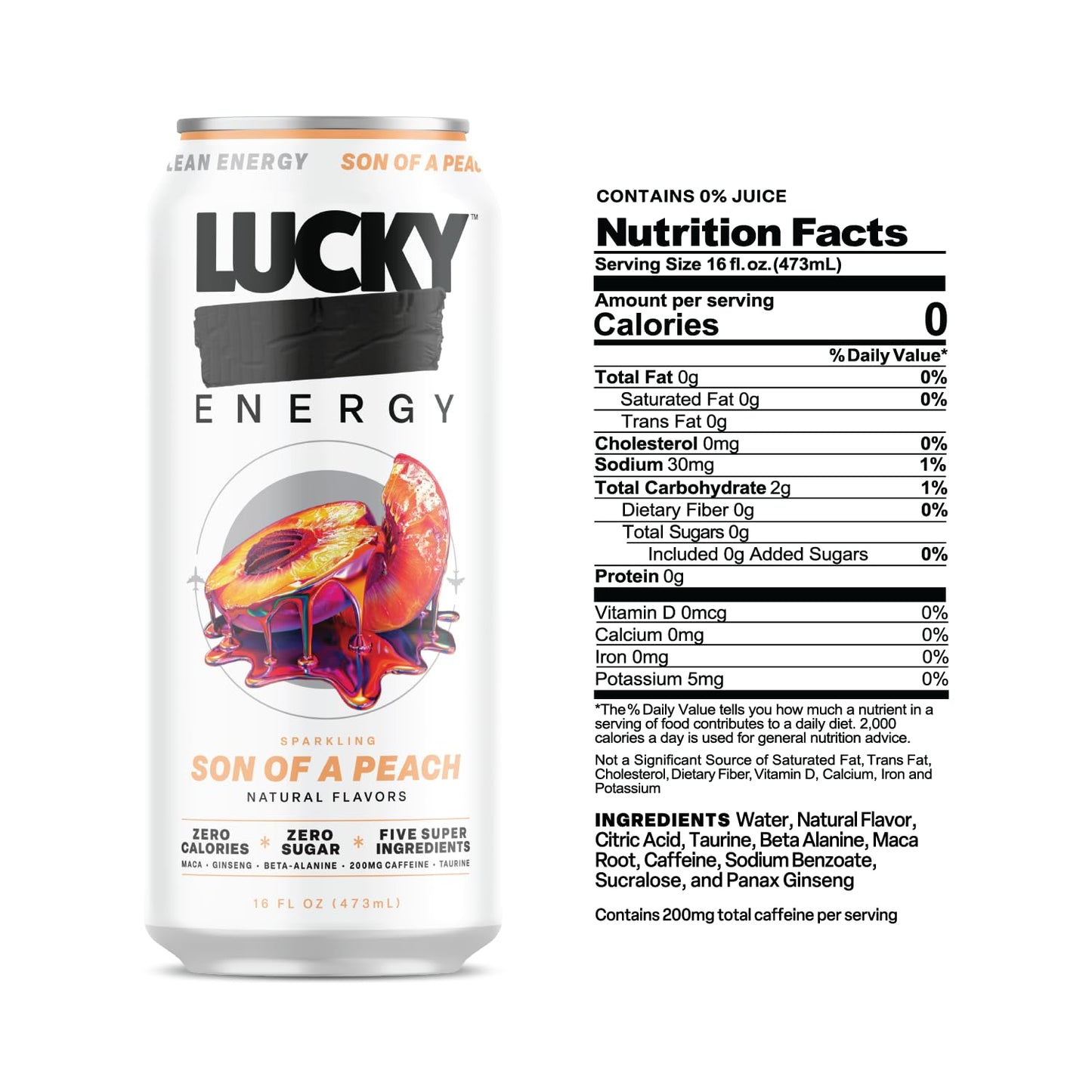 Lucky Energy Sugar Free Energy Drink, 16oz Can, 12-Pack, Son of a Peach, Zero Sugar, 200mg Caffeine, with Maca & Ginseng