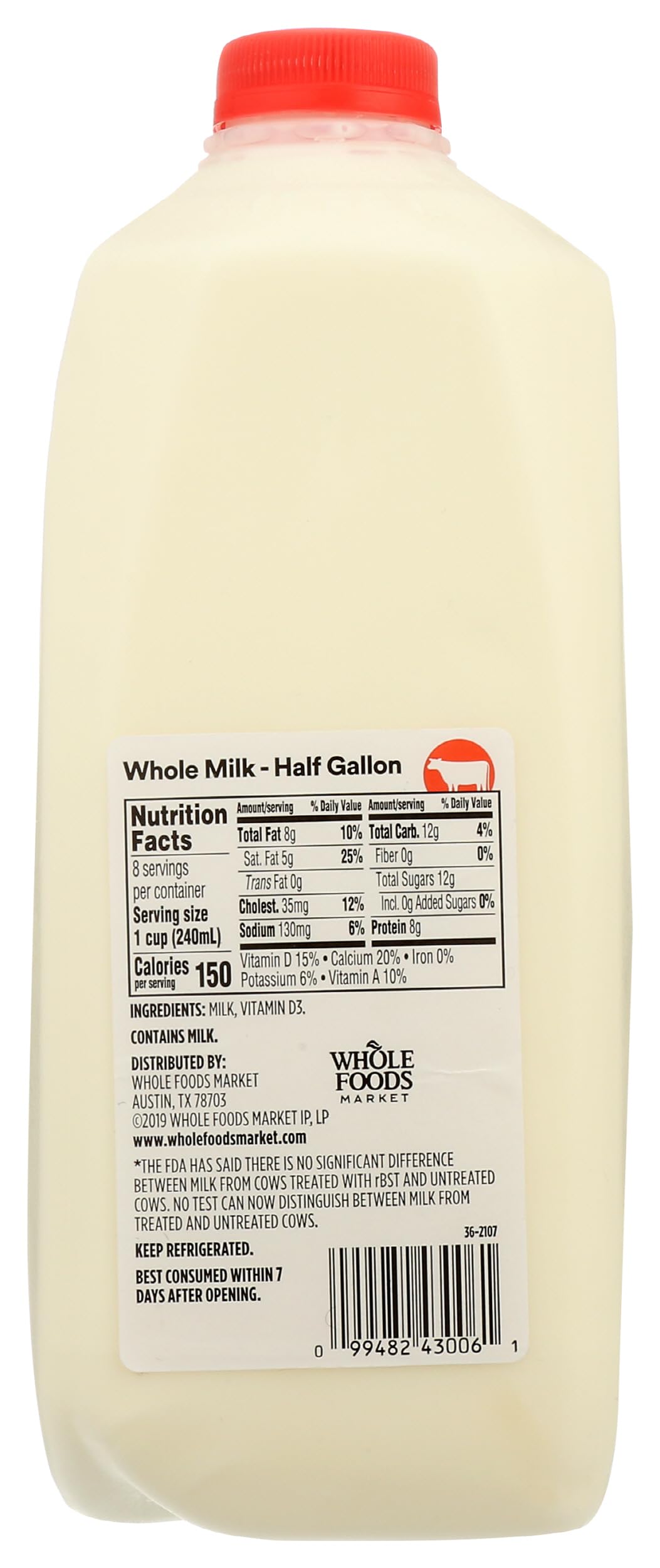365 Everyday Value, Whole Milk, Half Gallon, 64 oz