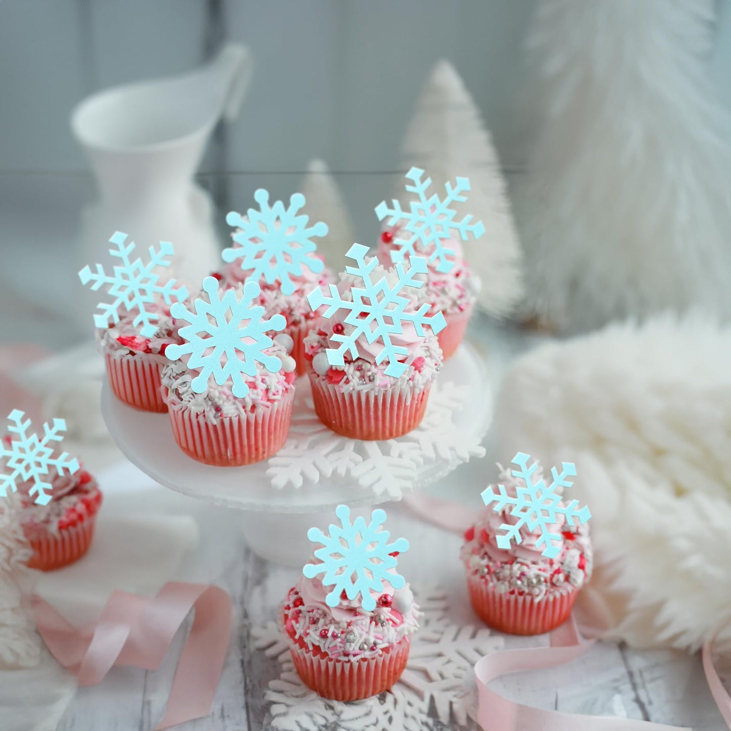 Gyufise 60Pcs Edible Snowflakes Cupcake Toppers - Snowflake Cake Decorations Wafer Paper Sprinkles For Christmas Winter Holiday Theme Party Supplies Blue