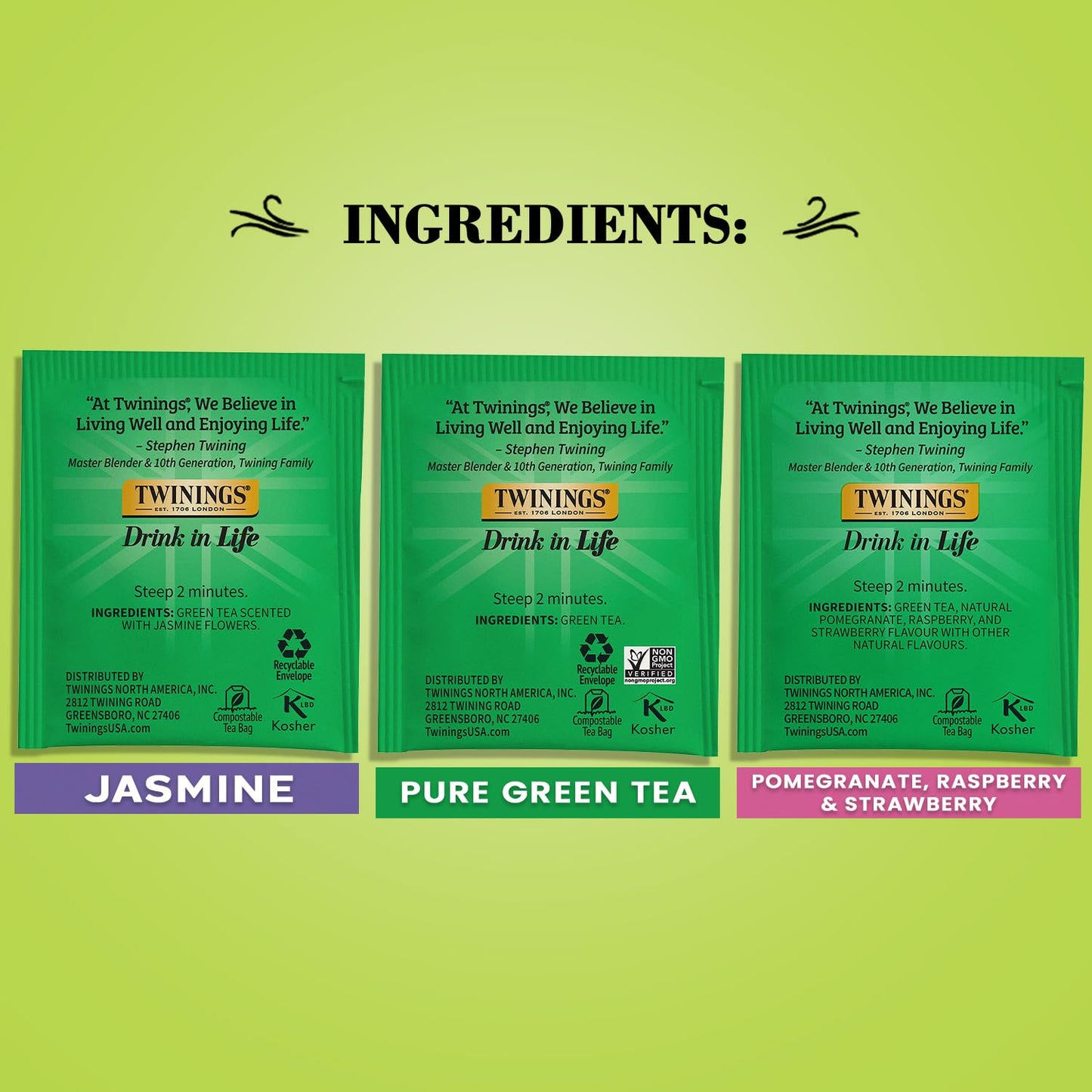 Twinings Green Tea Variety 3-Pack - Pure Green Tea, Green Tea Jasmine + Green Tea Pomegranate, Raspberry & Strawberry Tea Bags,