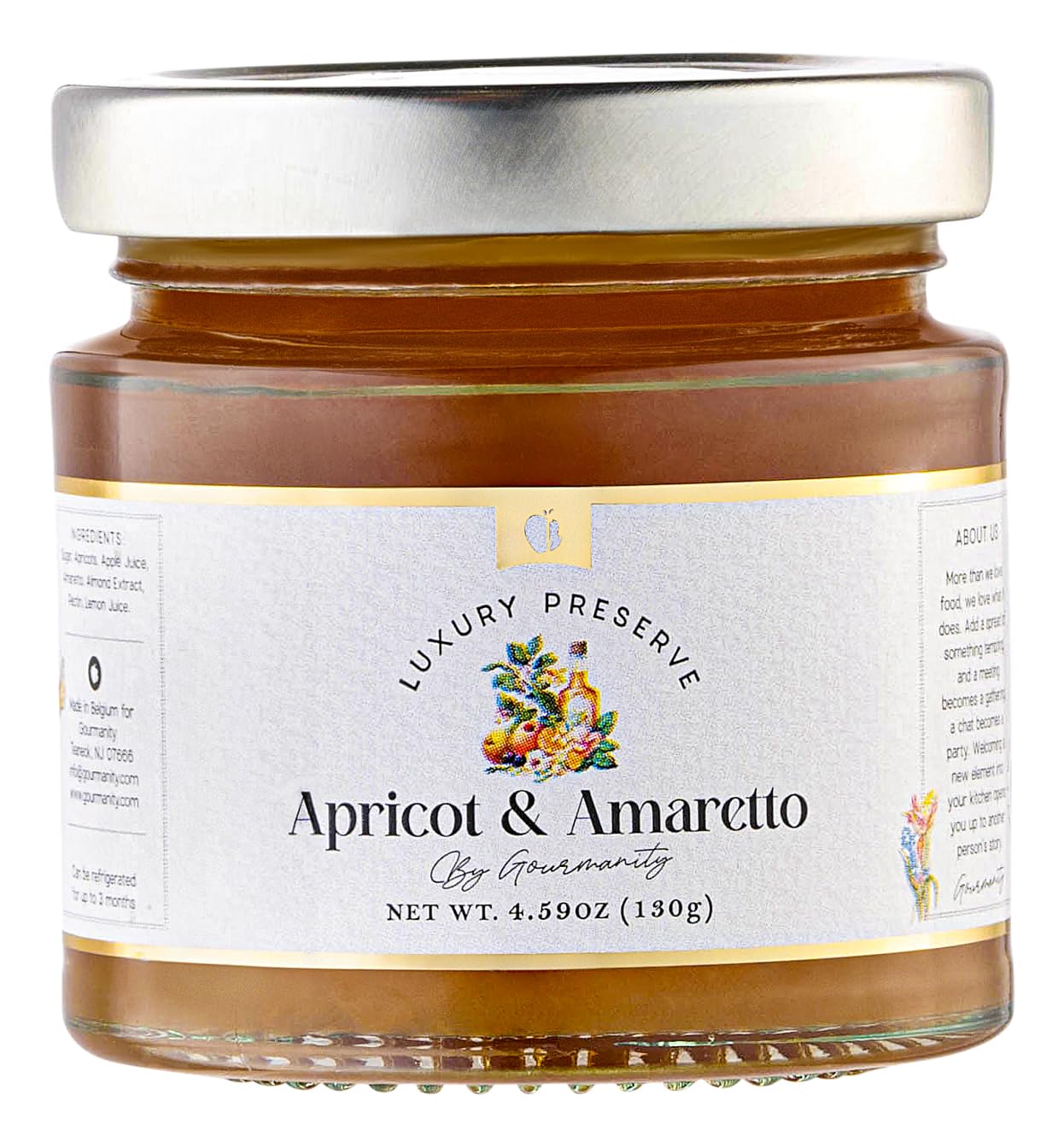 Gourmanity Apricot Jam With Amaretto, Fine Fruit Pieces With Almond Undertones, Great On Toasts And Scones, All Natural, Non-Gmo