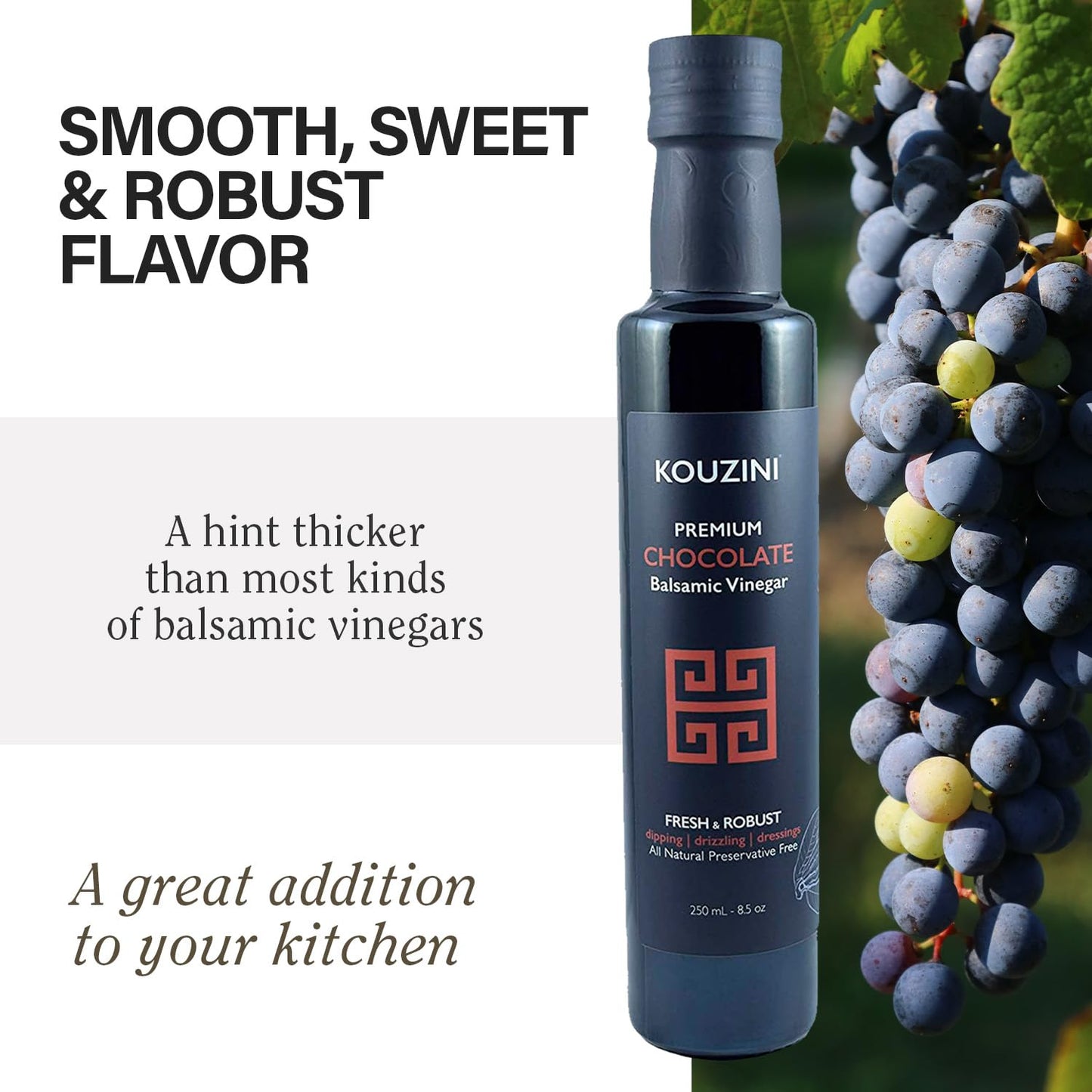 Kouzini Ultra Premium Chocolate Balsamic Vinegar, Aged Balsamic Vinegars From Modena, Italy, Premium, Smooth & Full-Bodied Flavor, 250Ml Bottle