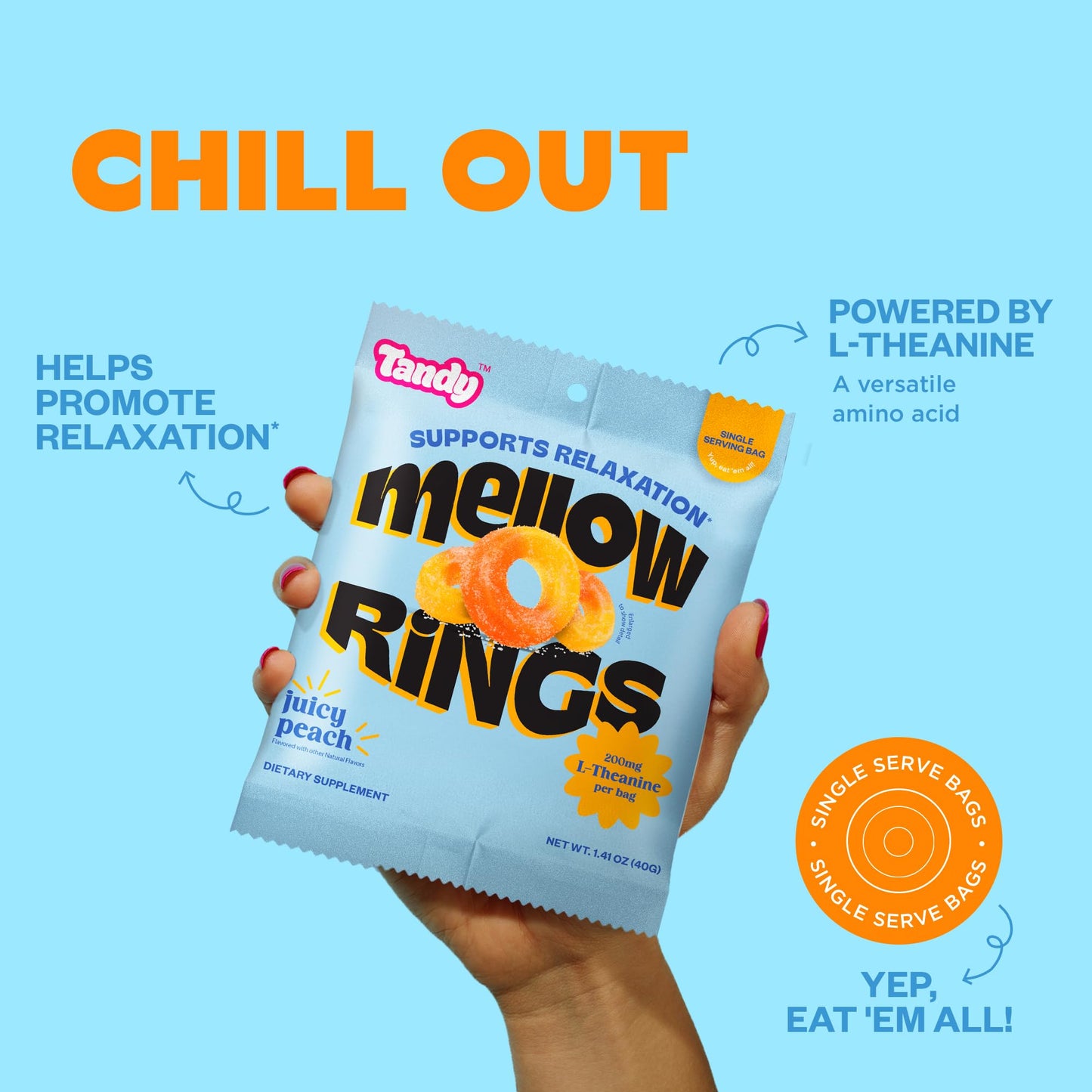 Tandy Mellow Rings L-Theanine Gummies, Juicy Peach Flavor, Gluten-Free, 6-Pack