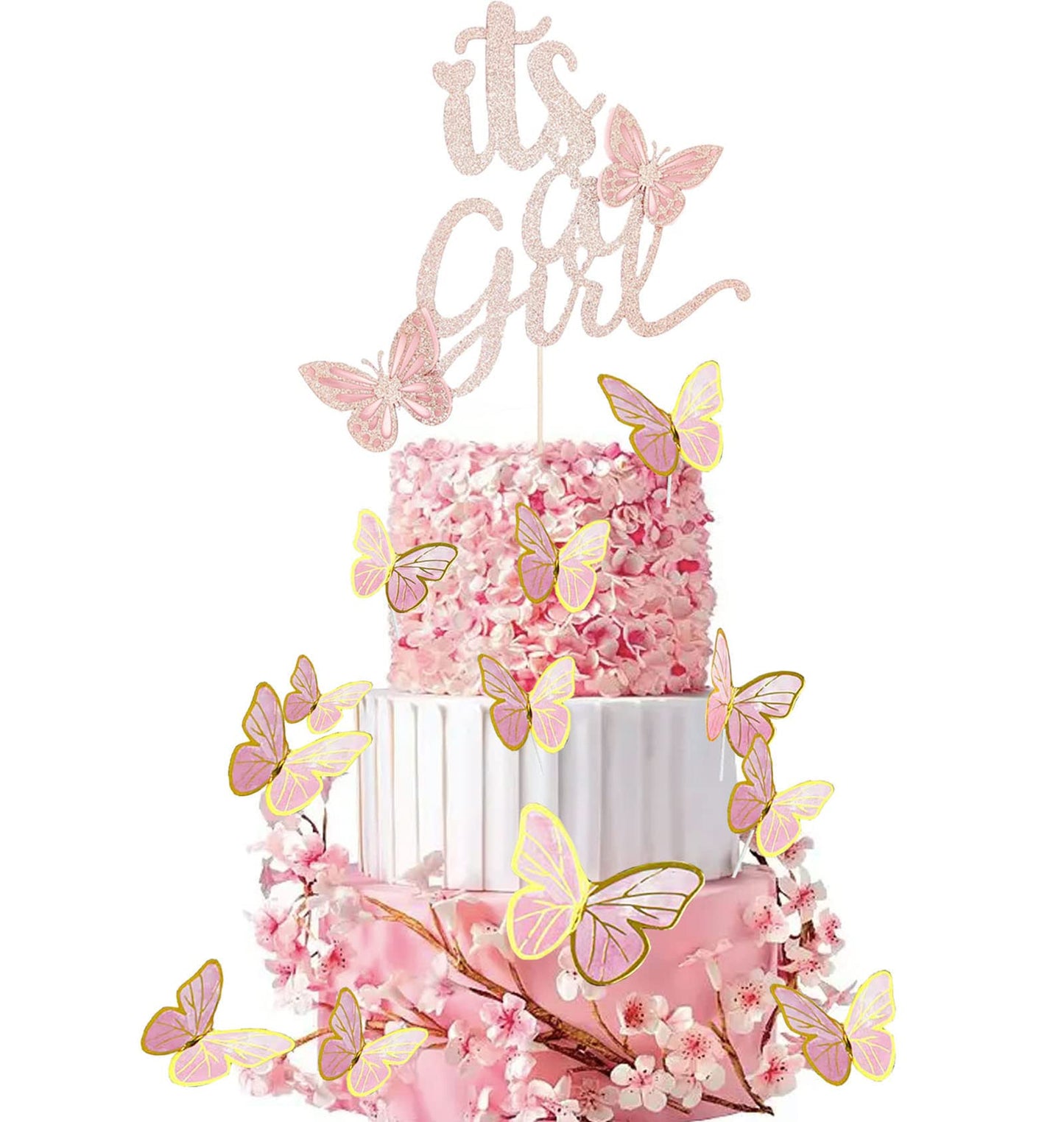 Glitter Double Sided Baby Shower Cake Topper Girl Set Assembled Rose Gold ItS A Girl Cake Toppers And 20 Pieces Pink Butterflies Cupcake Toppers Decorations For Baby Shower Girl Party Decor Favors