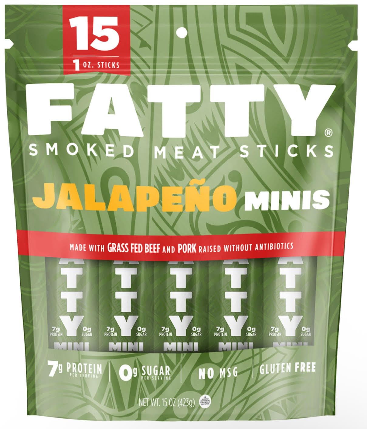 Generic Fatty Jalapeño Minis Smoked Meat Sticks, Grass Fed Beef & Pork, 15 Sticks, 15 Ounce (Pack of 1)