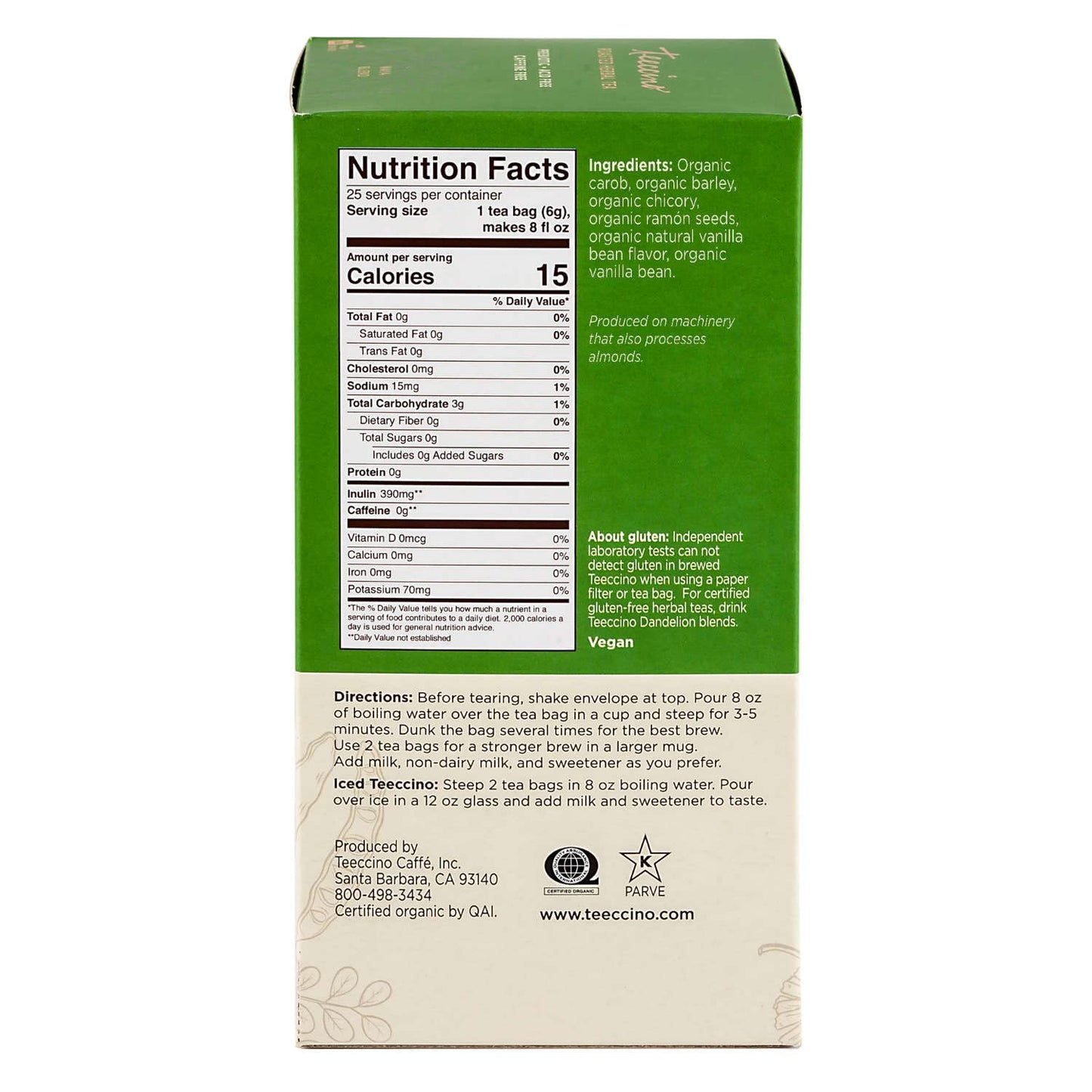 Teeccino French Vanilla Herbal Tea - Caffeine Free Coffee Alternative, 25 Count