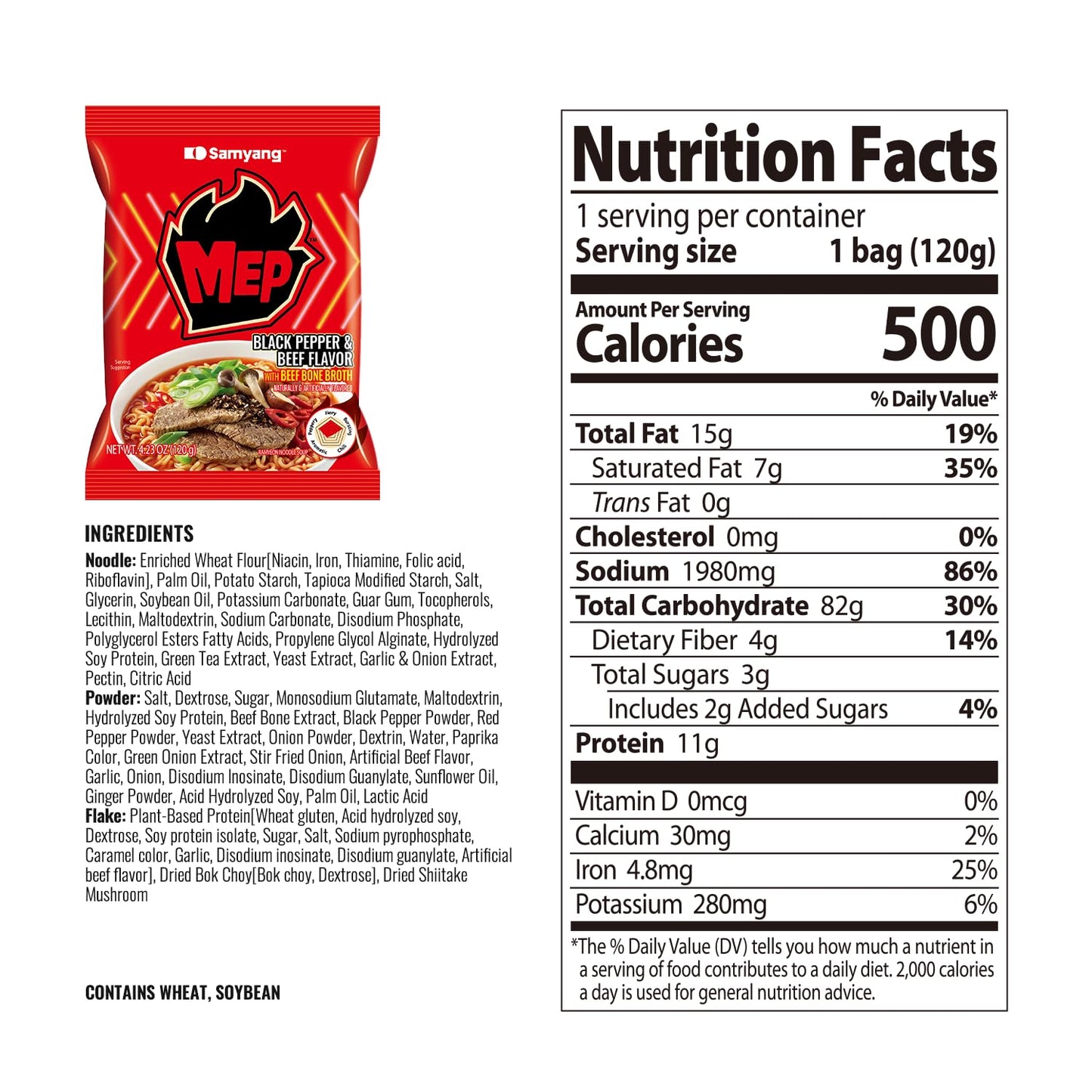 MEP Black Pepper and Beef Flavor, Instant Korean Ramen noodles, Spicy Ramyeon Noodle Soup [4.23 OZ (120g) x 4 Bags]