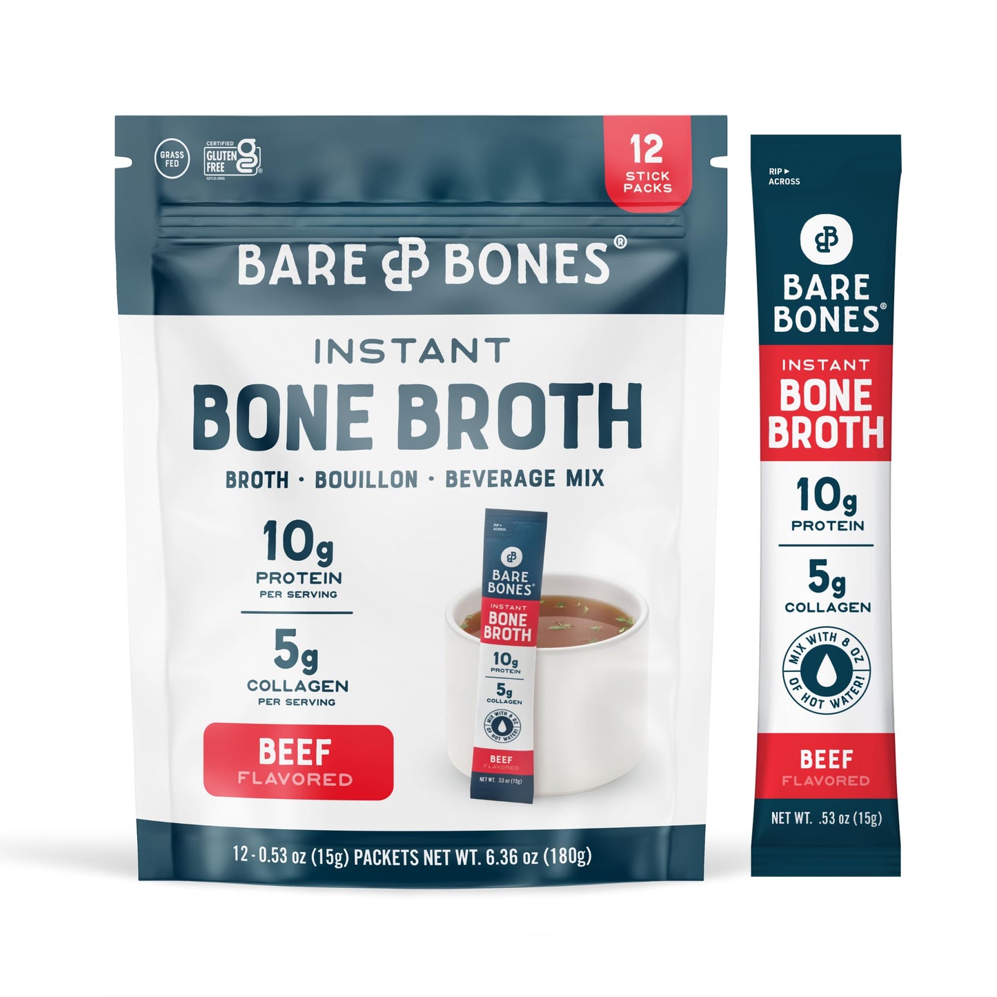 Bare Bones Beef Bone Broth Instant Powdered Mix, 10g Protein, Keto & Paleo Friendly, Pack of 12