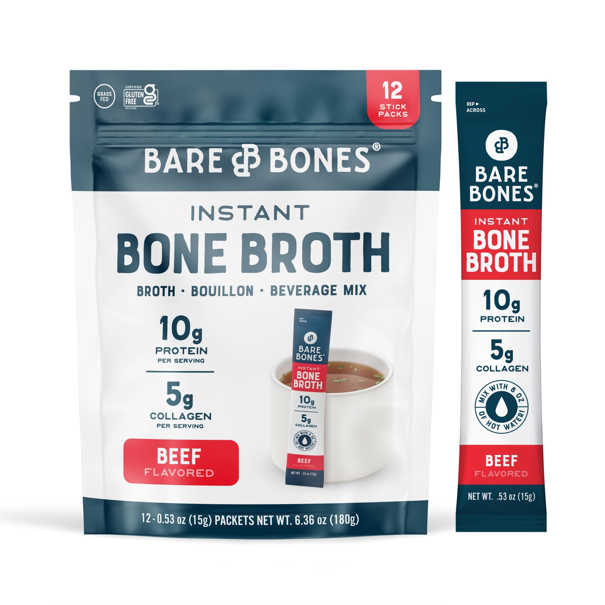 Bare Bones Beef Bone Broth Instant Powdered Mix, 10g Protein, Keto & Paleo Friendly, Pack of 12