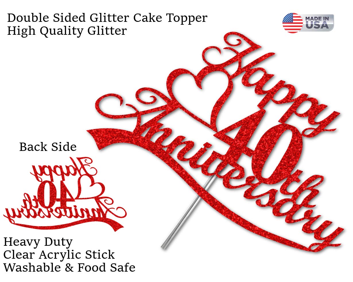 40Th Anniversary Cake Topper Red Glitter, 40 Wedding Anniversary Party Decoration Ideas, Premium Quality, Sturdy Doubled Sided G