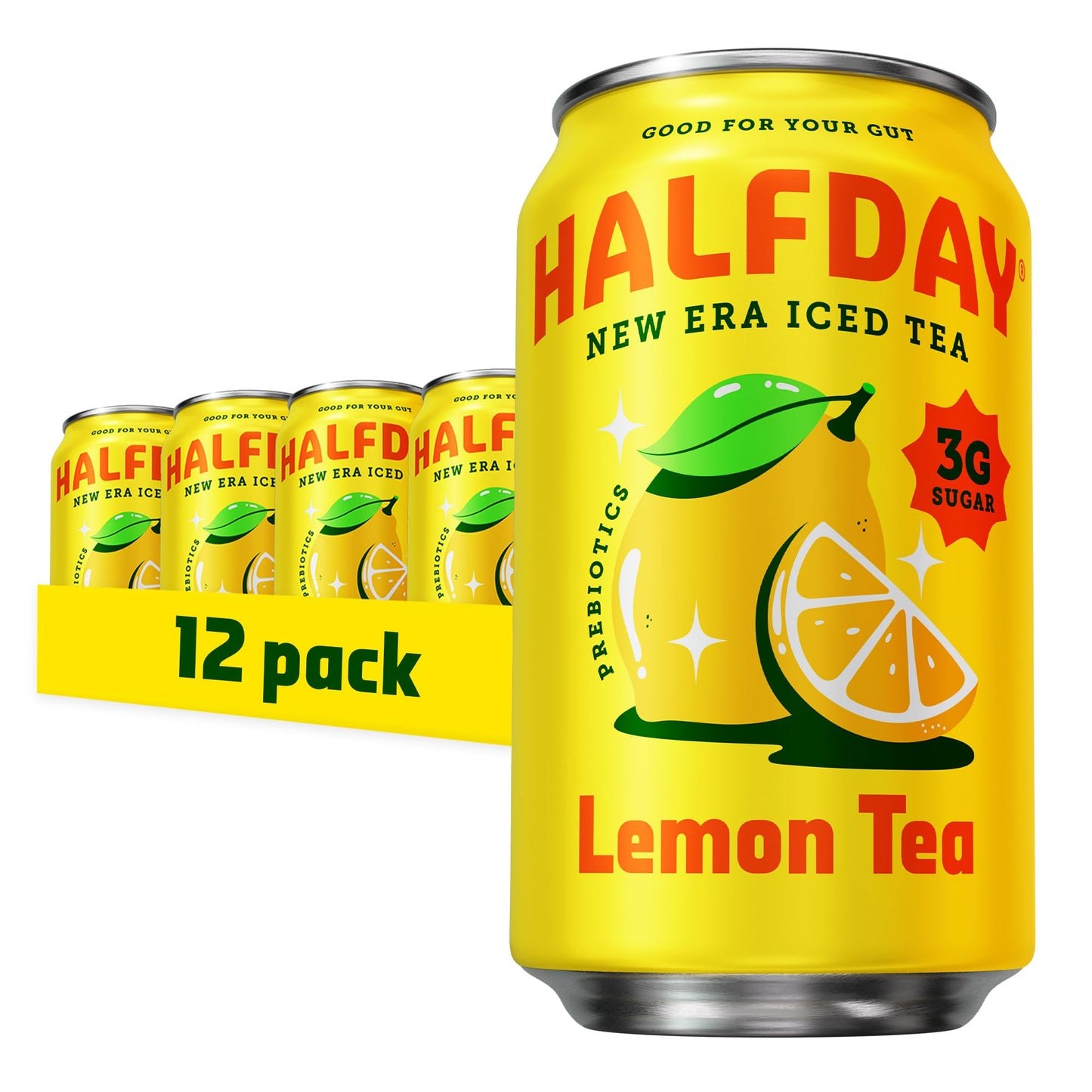 Halfday Prebiotic Lemon Iced Tea 12-Pack - Nostalgic Flavor, Low Sugar, Incredible Taste - Paleo, Gluten Free, Drinks For Gut He