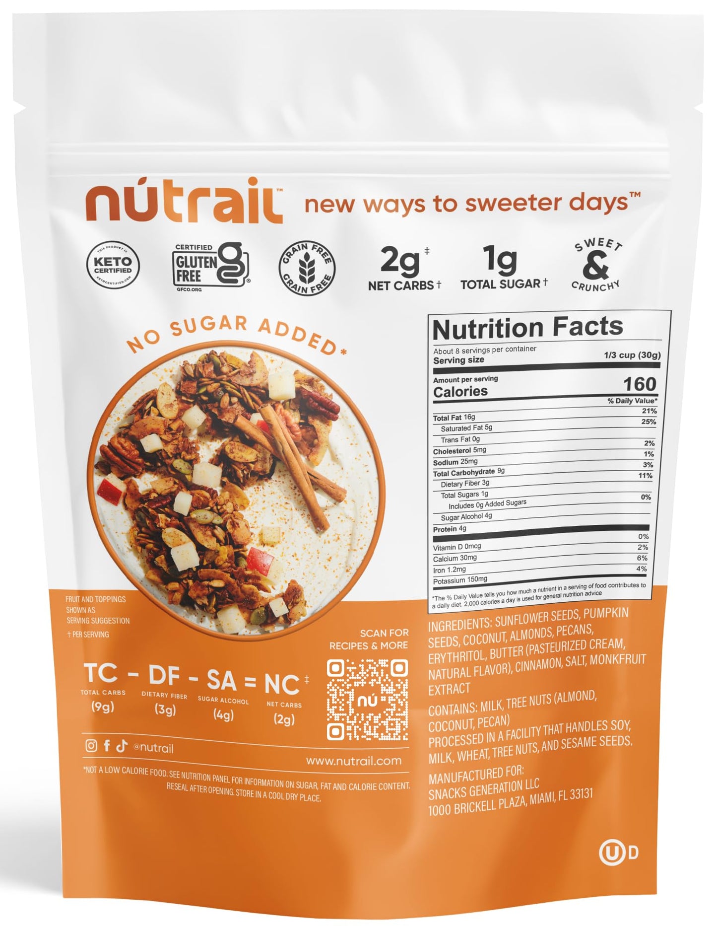Nutraila - Keto Nut Granola Healthy Breakfast Cereal - Low Carb Snacks & Food - 2G Net Carbs - Almonds, Pecans, Coconut And More