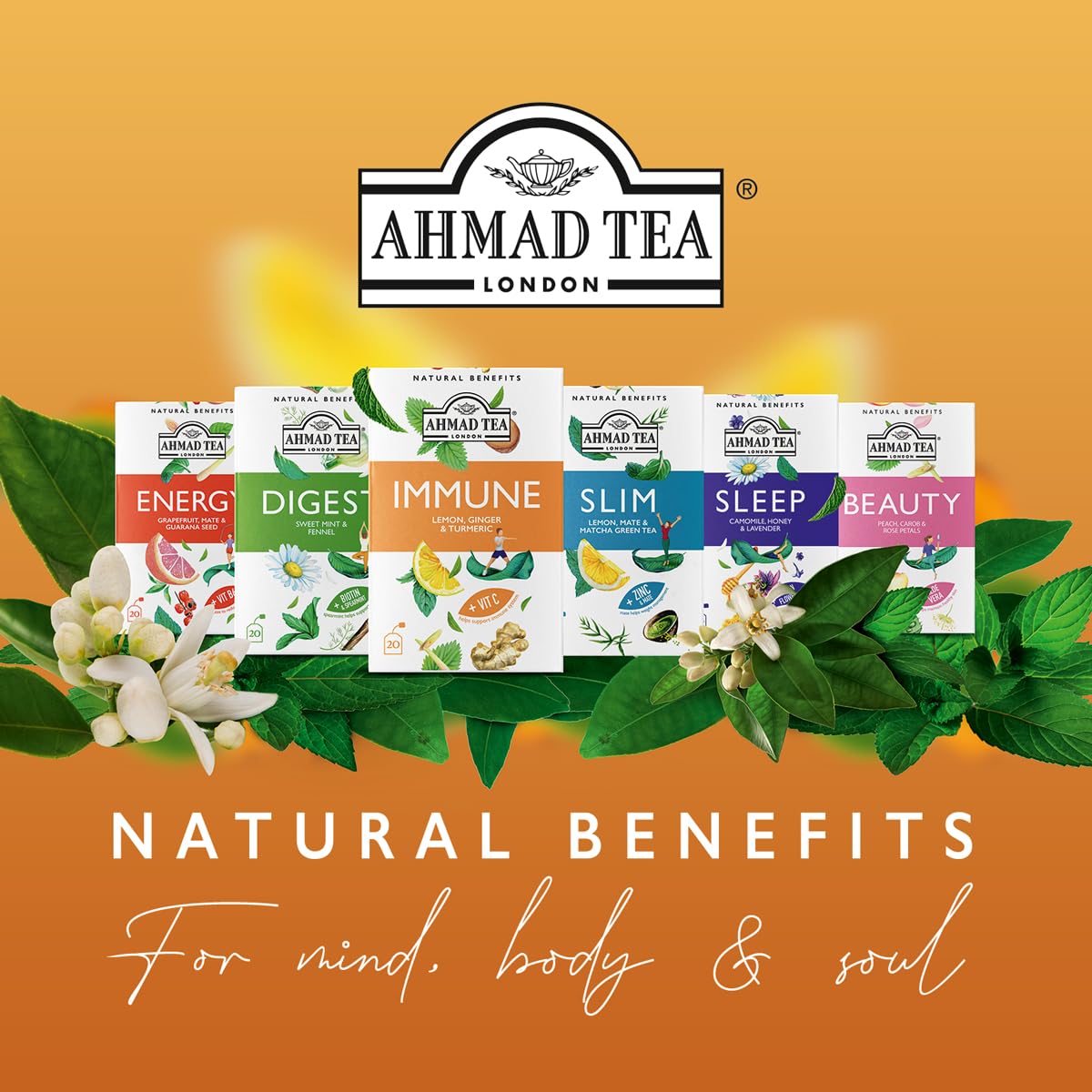 Ahmad Tea Natural Benefit Functional Tea Selection Pack | Green Teas, Fruit & Herbal Infusions | Perfect Herbal Tea Gift - 60 Teabag Sachets | 6 Blends