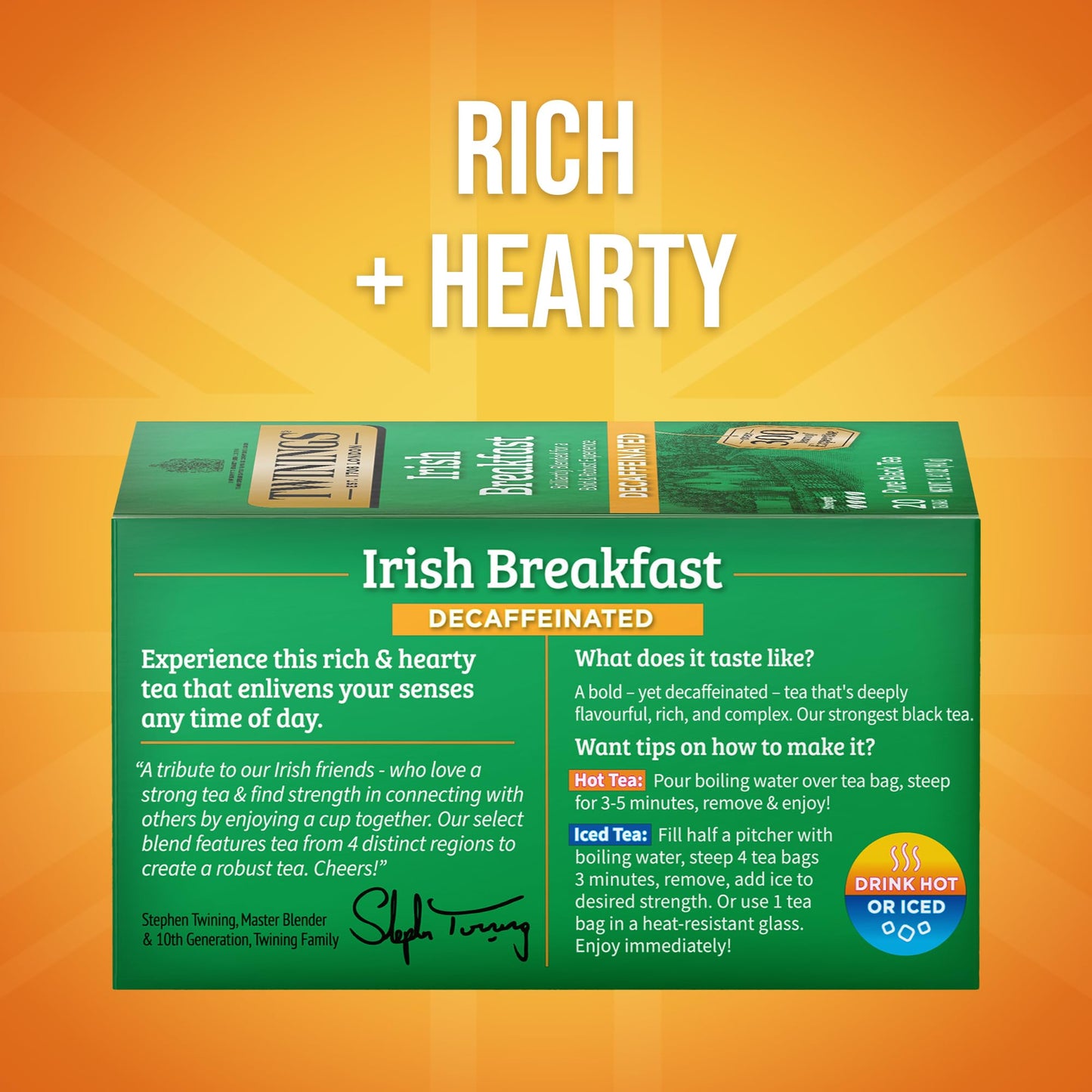 Twinings Decaffeinated Irish Breakfast Black Tea Individually Wrapped Bags, 20 Count (Pack of 6), Flavourful, Robust, Enjoy Hot