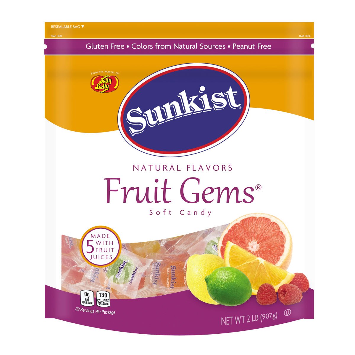 Jelly Belly Sunkist Fruit Gems (Individually Wrapped) - 2 Pound Resealable Pouch Bag - Genuine, Official, Straight From The Sour