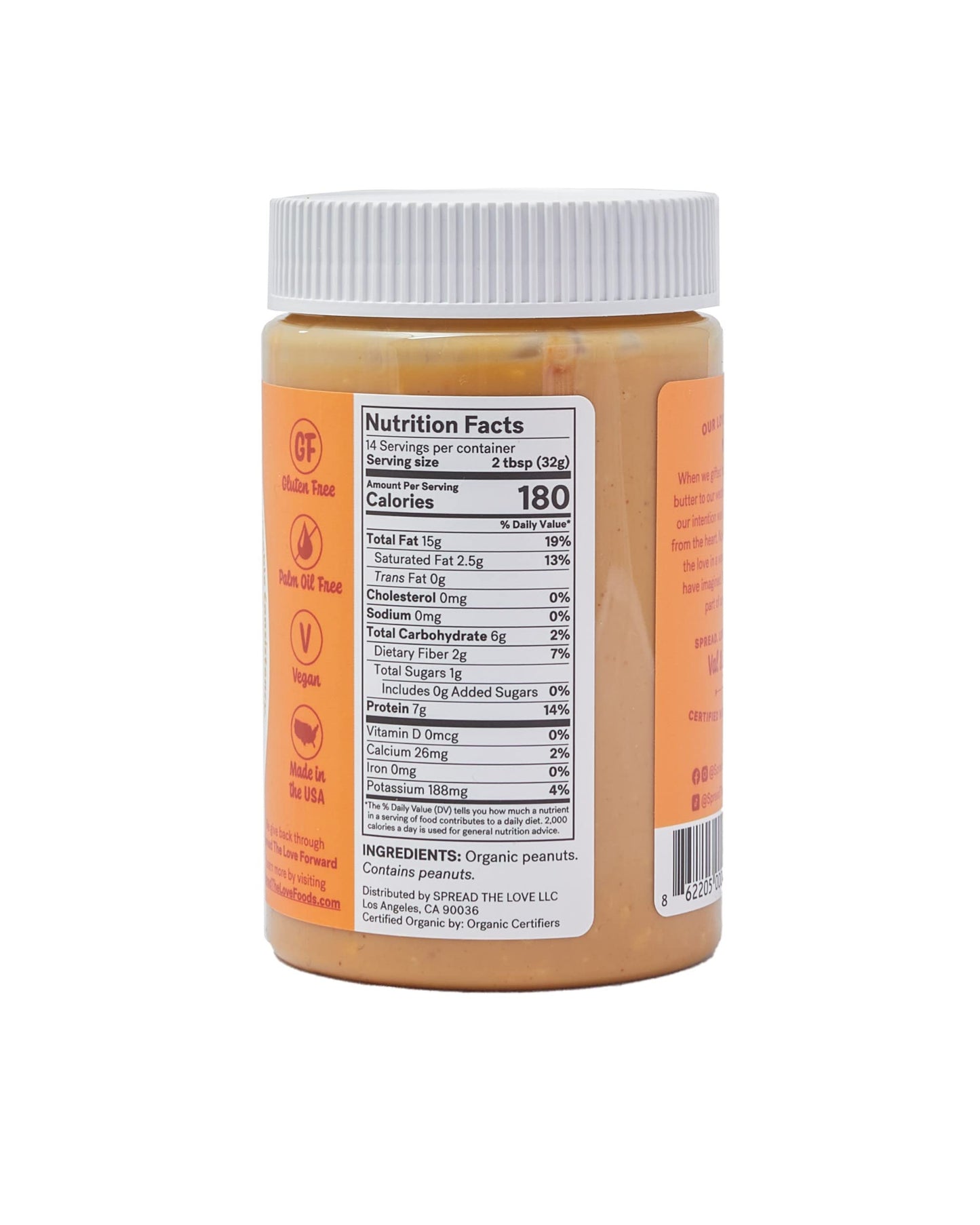 Spread The Love NAKED CRUNCH Organic Peanut Butter (Organic, All Natural, Vegan, Gluten-free, Creamy, Dry-Roasted, No added salt