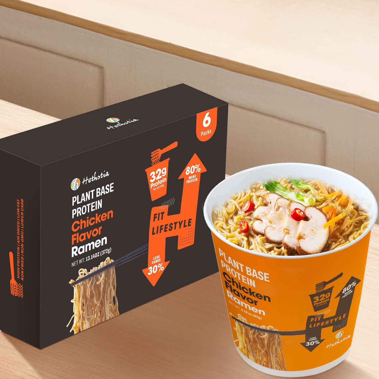 Hethstia Protein Ramen, Chicken Flavor Pre-Packaged Ramen Soup Cup, 6-Pack Instant High-Protein Noodles with 32g Plant Protein,