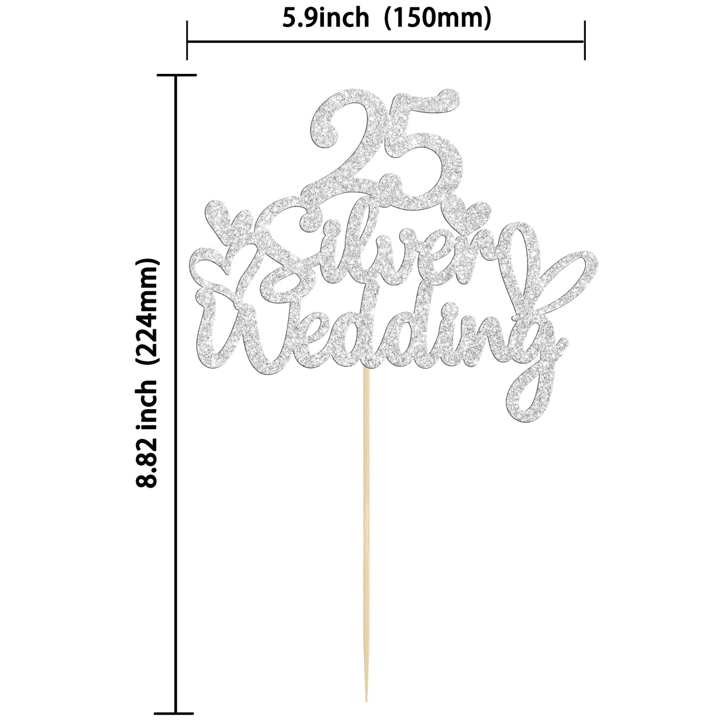 Gyufise 1Pcs 25Th Wedding Anniversary Cake Toppers Silver Glitter 25Th Wedding Anniversary Heart Cake Decoration For Celebration