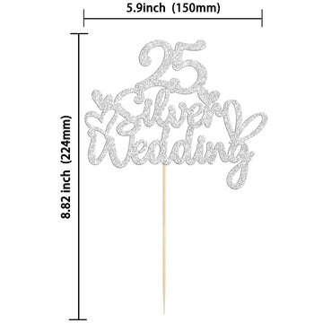 Gyufise 1Pcs 25Th Wedding Anniversary Cake Toppers Silver Glitter 25Th Wedding Anniversary Heart Cake Decoration For Celebration
