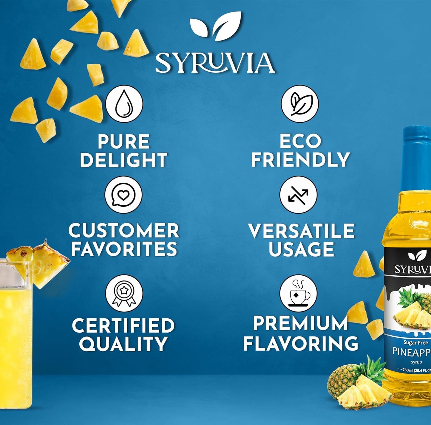 Syruvia Sugar Free Pineapple Syrup - Premium Flavoring for Tea, Beverages, Desserts, Ice Cream, and Cocktails - Kosher, Gluten F